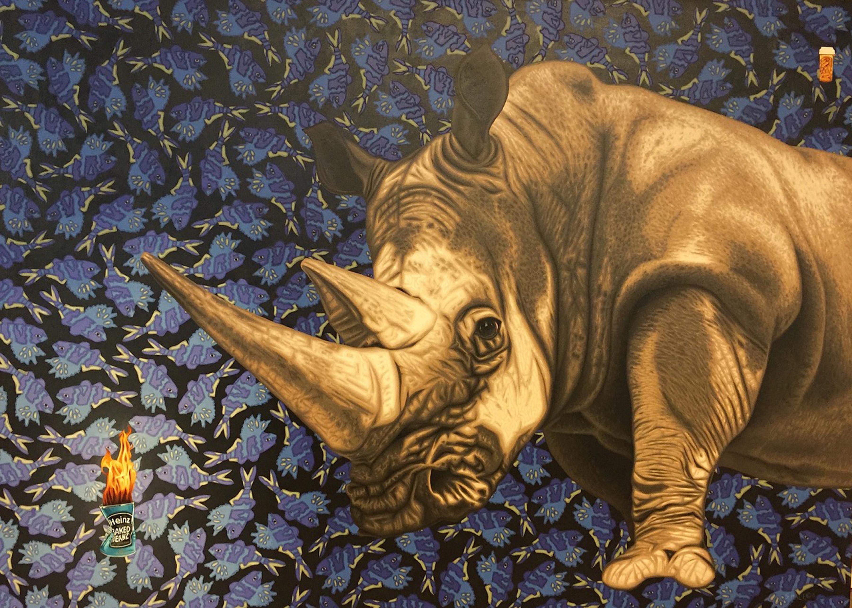 Stephen Hall Still-Life Painting - Painting of Rhino with can of Heniz Beans: 'The Pills Don't Seem To Be Working'