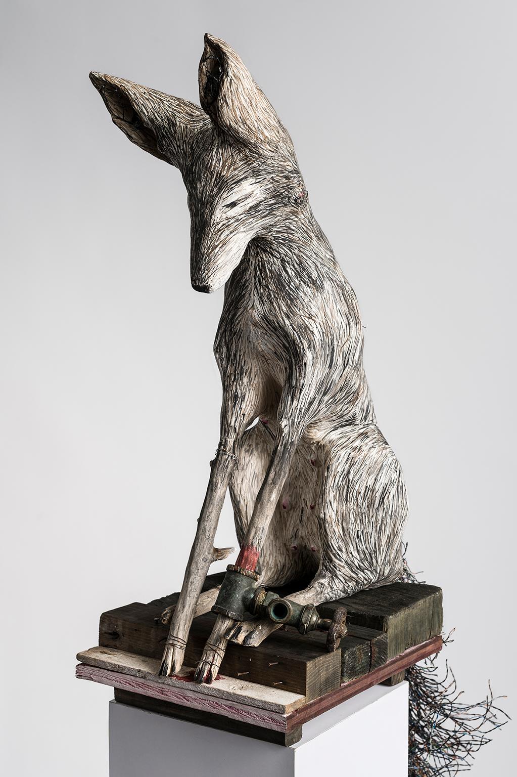 Sculpture of Fox on pedestal, earth tone: 'Gate Valve' - Mixed Media Art by Elizabeth Jordan
