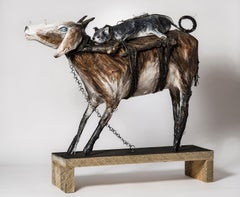 Goat with Cat riding on its back, earth tone sculpture: 'Soul to Soul'