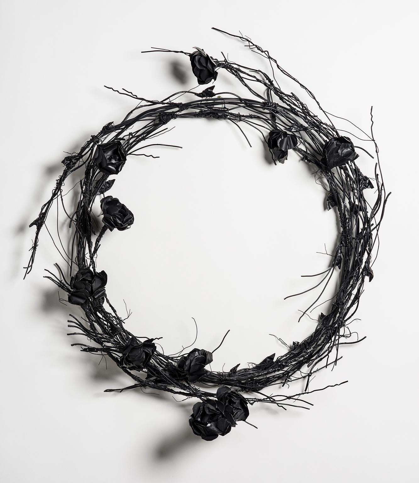 Sculpture of wire wreath with flowers: 'Mourning Wreath' - Mixed Media Art by Elizabeth Jordan