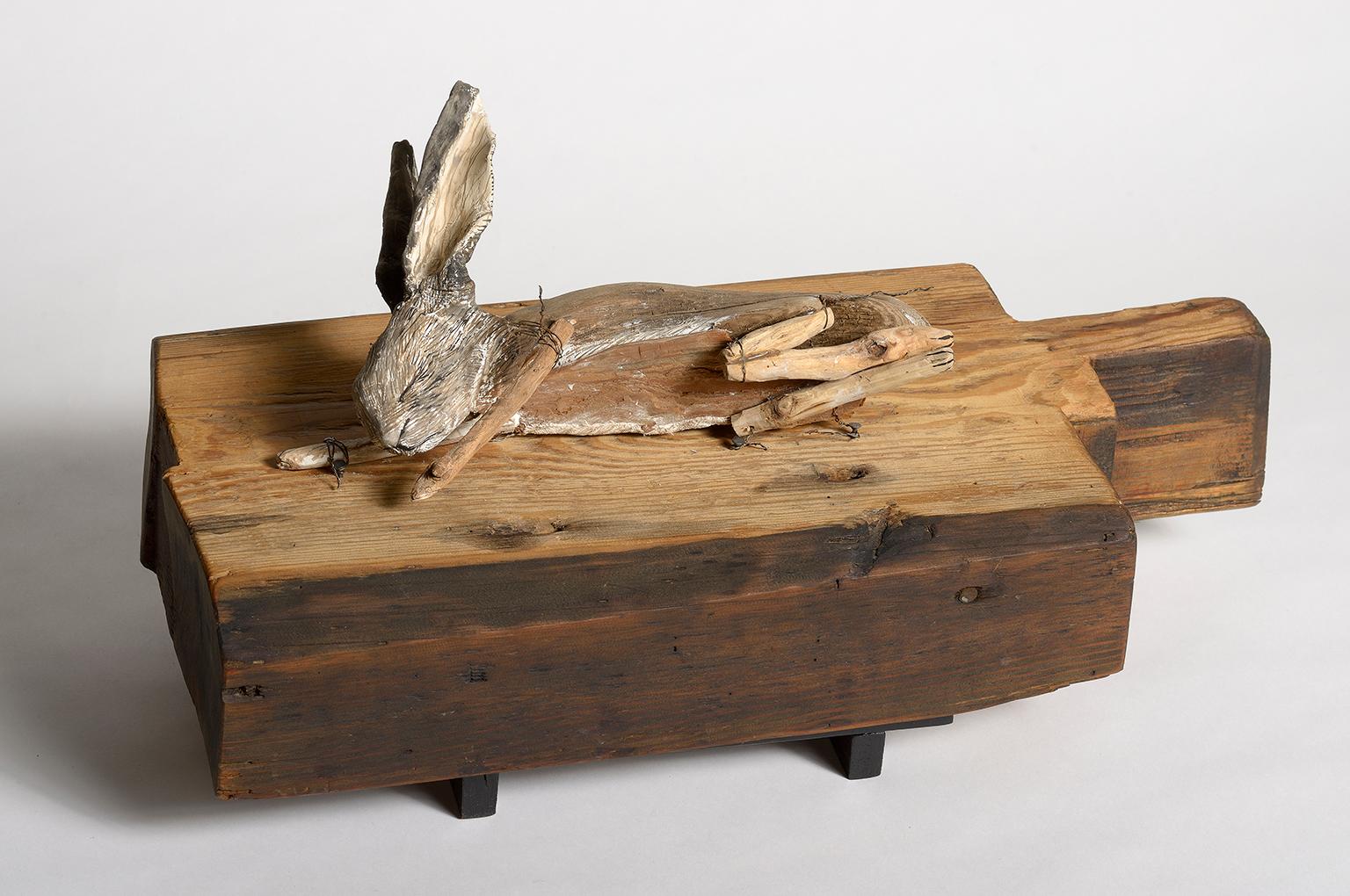Rabbit on wood block, earth tone sculpture: 'The Tinder Box'