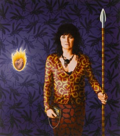 Portrait Painting of Women with Spear in hand w/flaming heart: 'Spear Chucker'