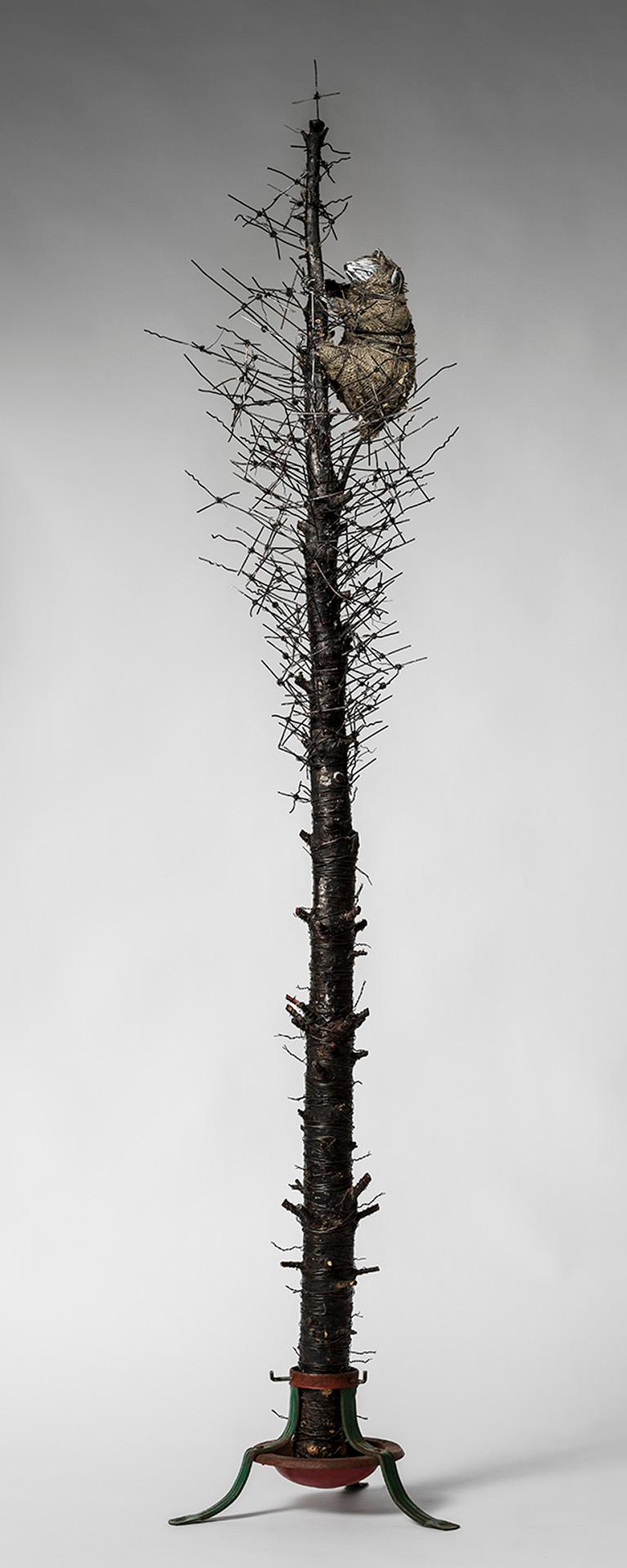 Tall Tree sculpture with wire & creature: 'O' Tannenbaum' - Mixed Media Art by Elizabeth Jordan