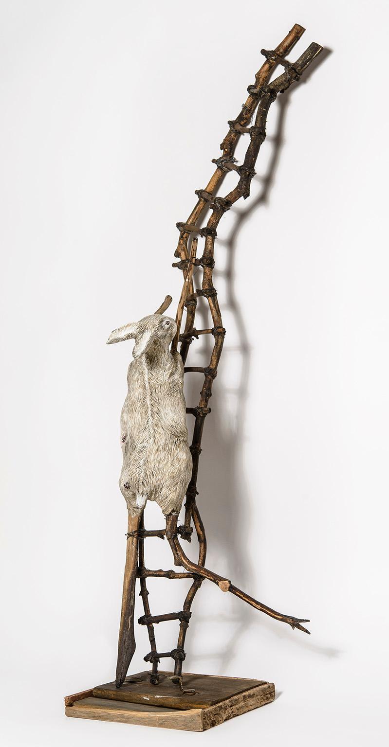 Sculpture of Rabbit crawling up wood ladder: 'Talking about Hard Things' - Mixed Media Art by Elizabeth Jordan