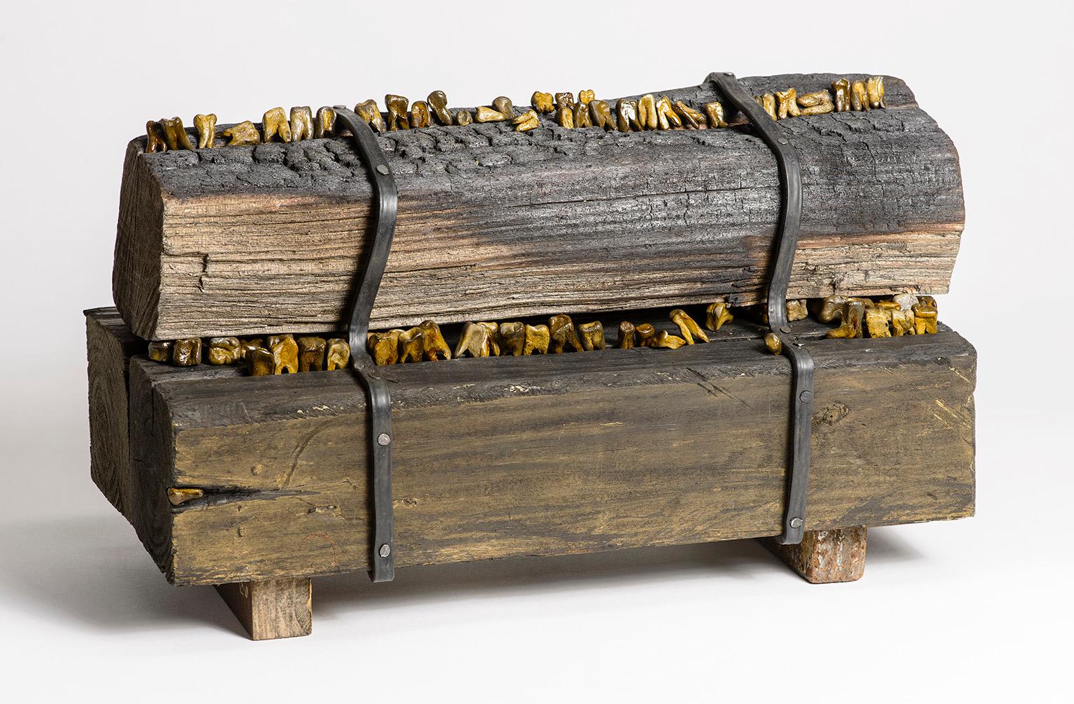 Wood and shellac sculpture of teeth in burned wood planks: 'Arson'