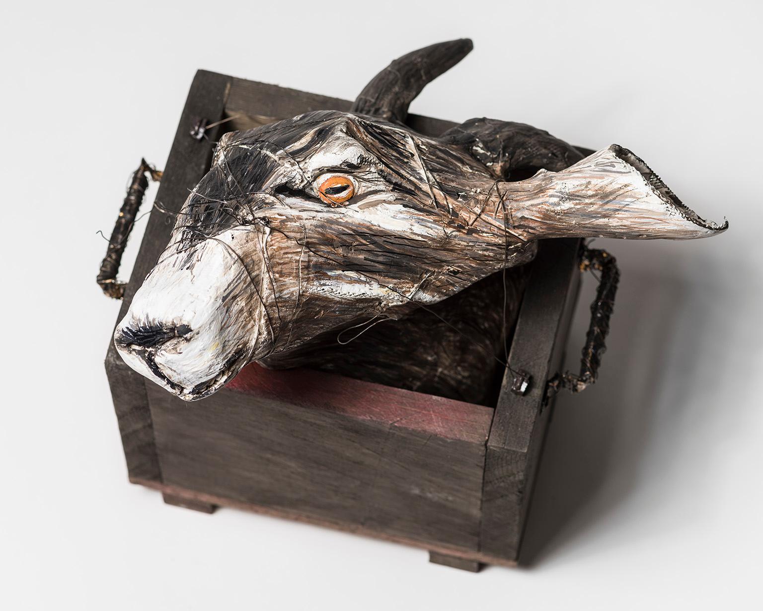 Sculpture de tête de chèvre dans une boîte en bois : "Jersey Devil II"