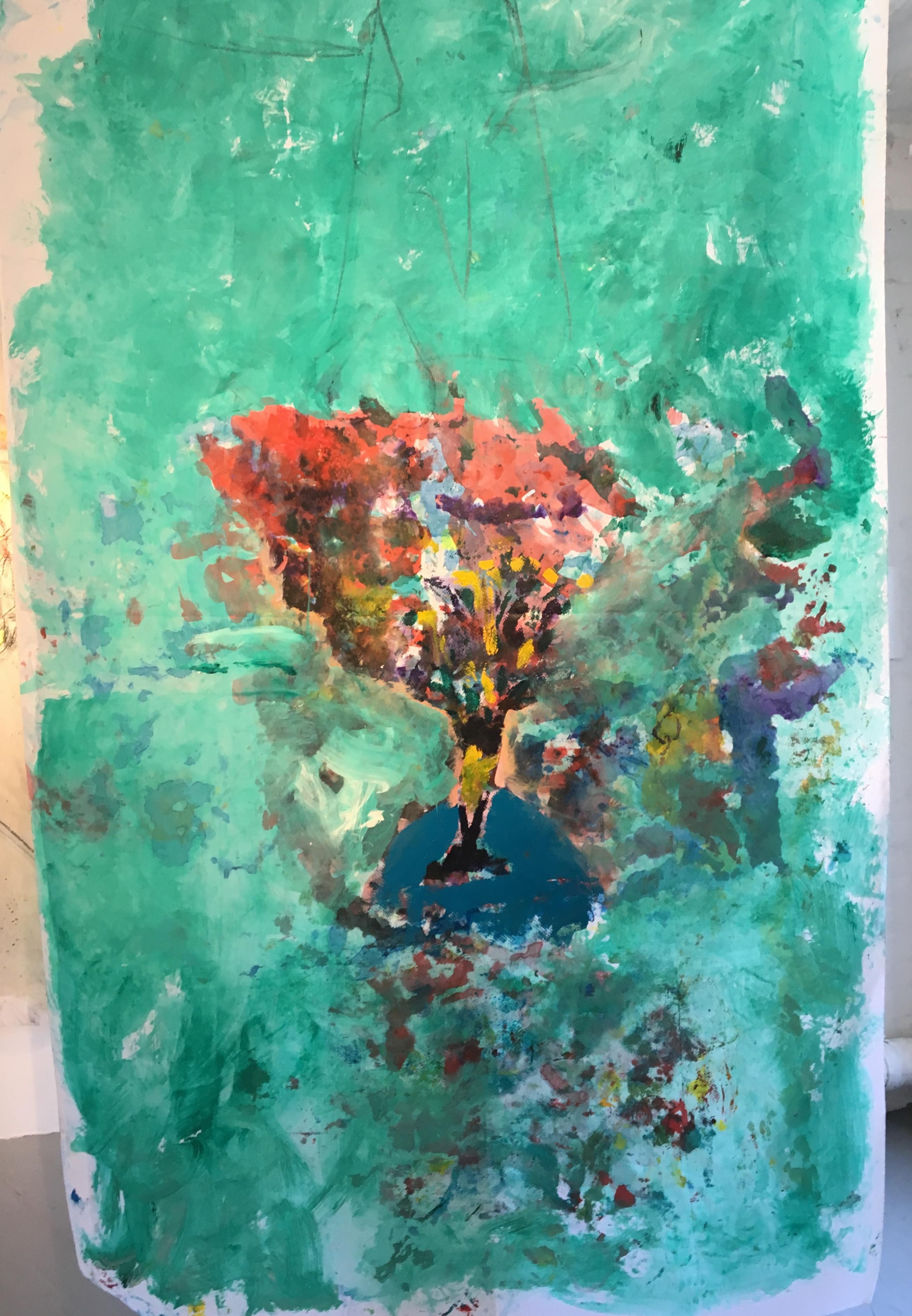 Grande peinture de bouquet de fleurs sur soie : « Bleu égyptien » 