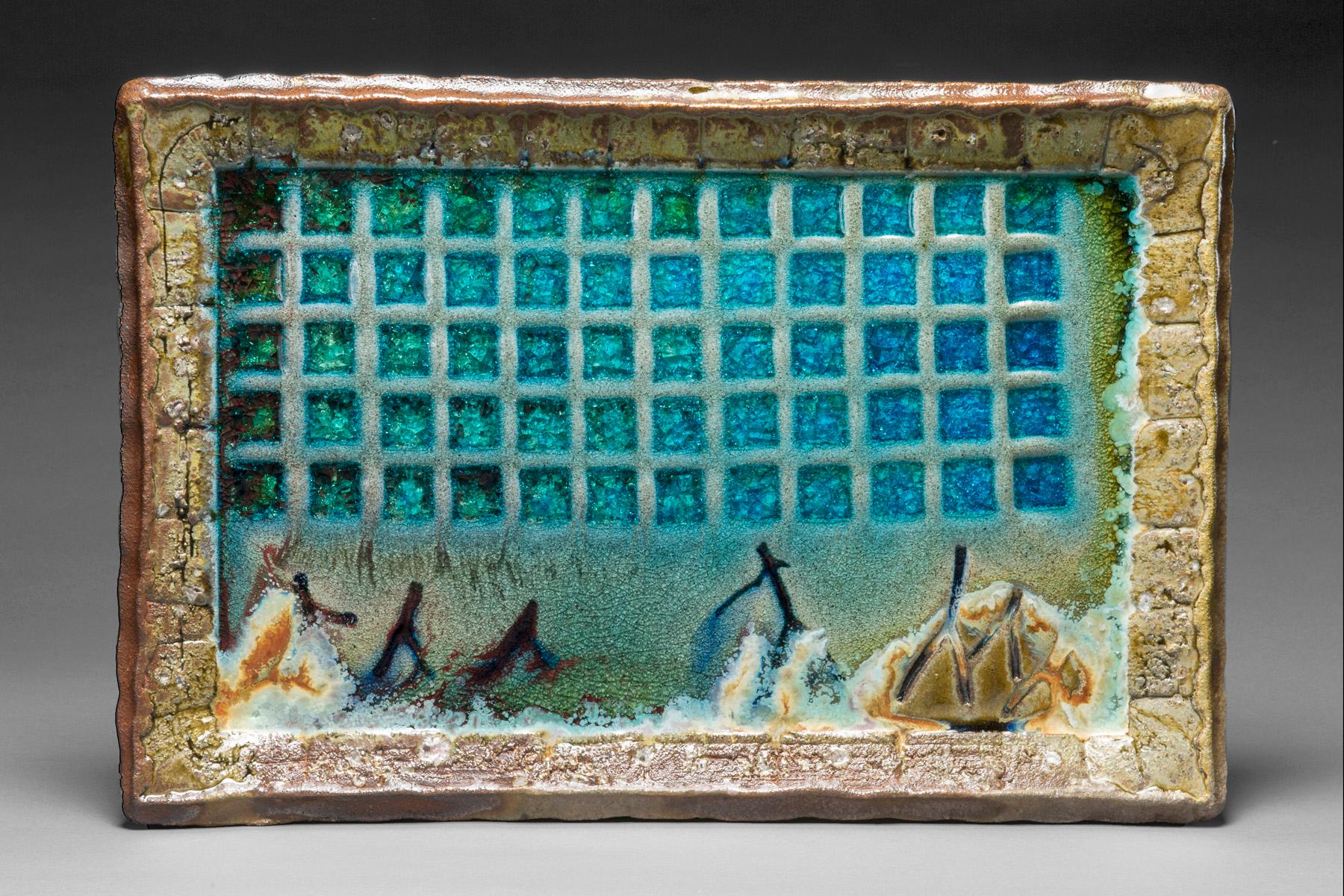 Tony Moore Abstract Sculpture – Holzgebranntes Keramikgemälde: „Fire Painting 2.9.18“