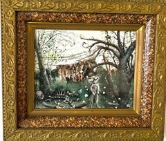 Framed Watercolor: "Untitled" (dogs hanging laundry)