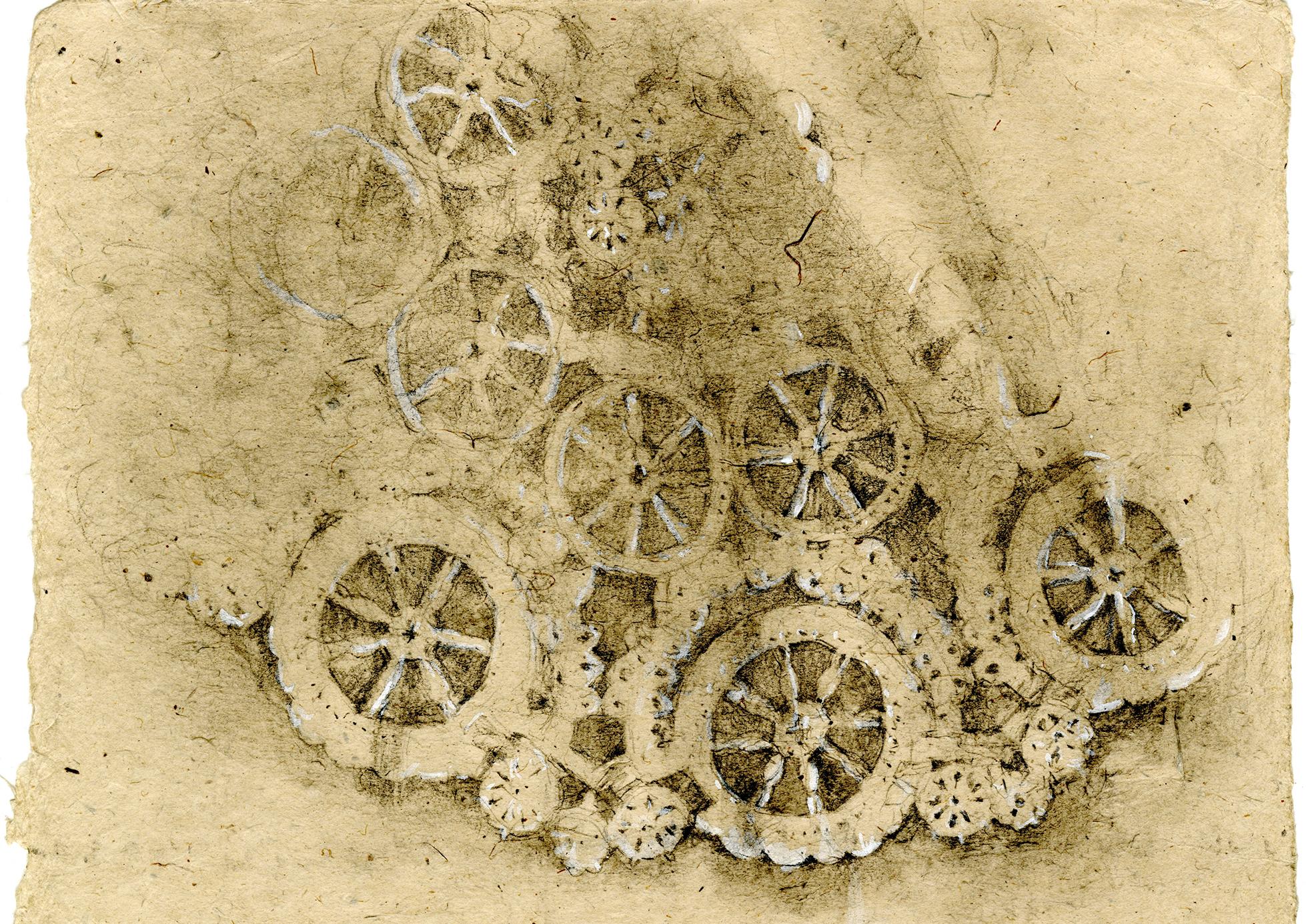 Graphite et gouache sur papier fait main : « The Remains: 1 » - Contemporain Art par Winifred McNeill