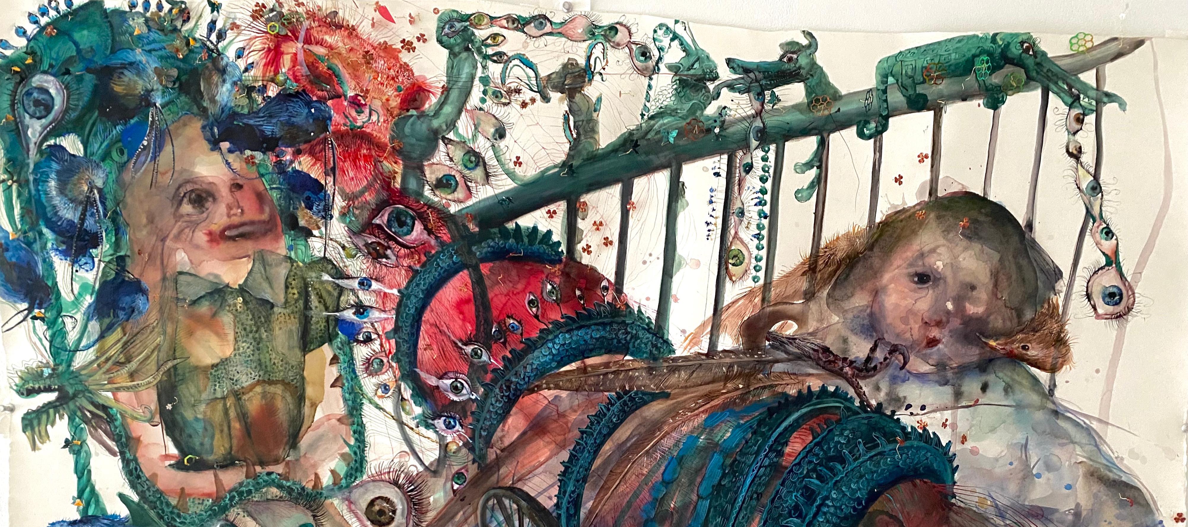 Shiri Mordechay's paintings are a whirlwind of emotion and complexity, drawing the viewer into a vibrant and dynamic world. Each piece is packed with countless details, your eyes are constantly darting from one part to another, unsure where to