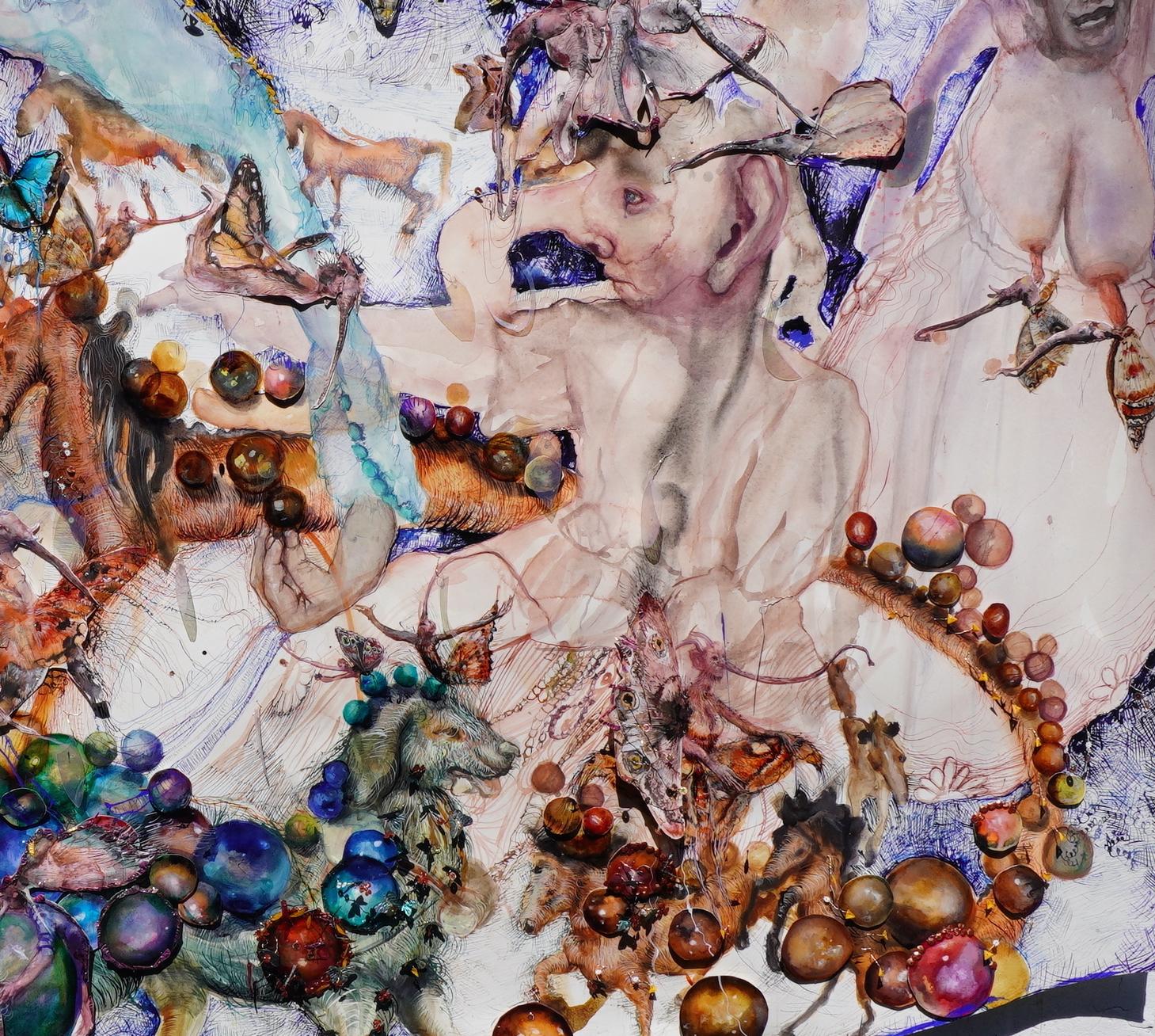 Aquarell auf Papier mit Mischtechniken: ) „Fertile Crescents“ (lange Hunde) – Art von Shiri Mordechay