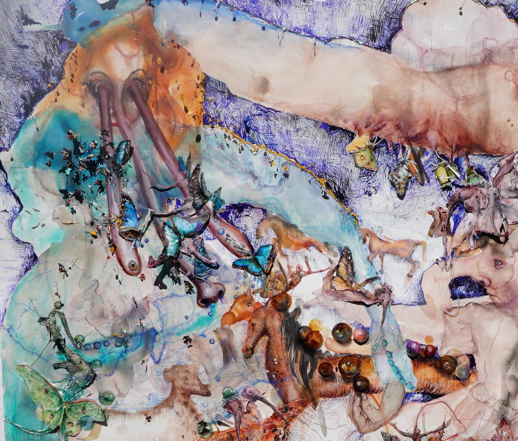 Aquarell auf Papier mit Mischtechniken: ) „Fertile Crescents“ (lange Hunde) (Surrealismus), Art, von Shiri Mordechay