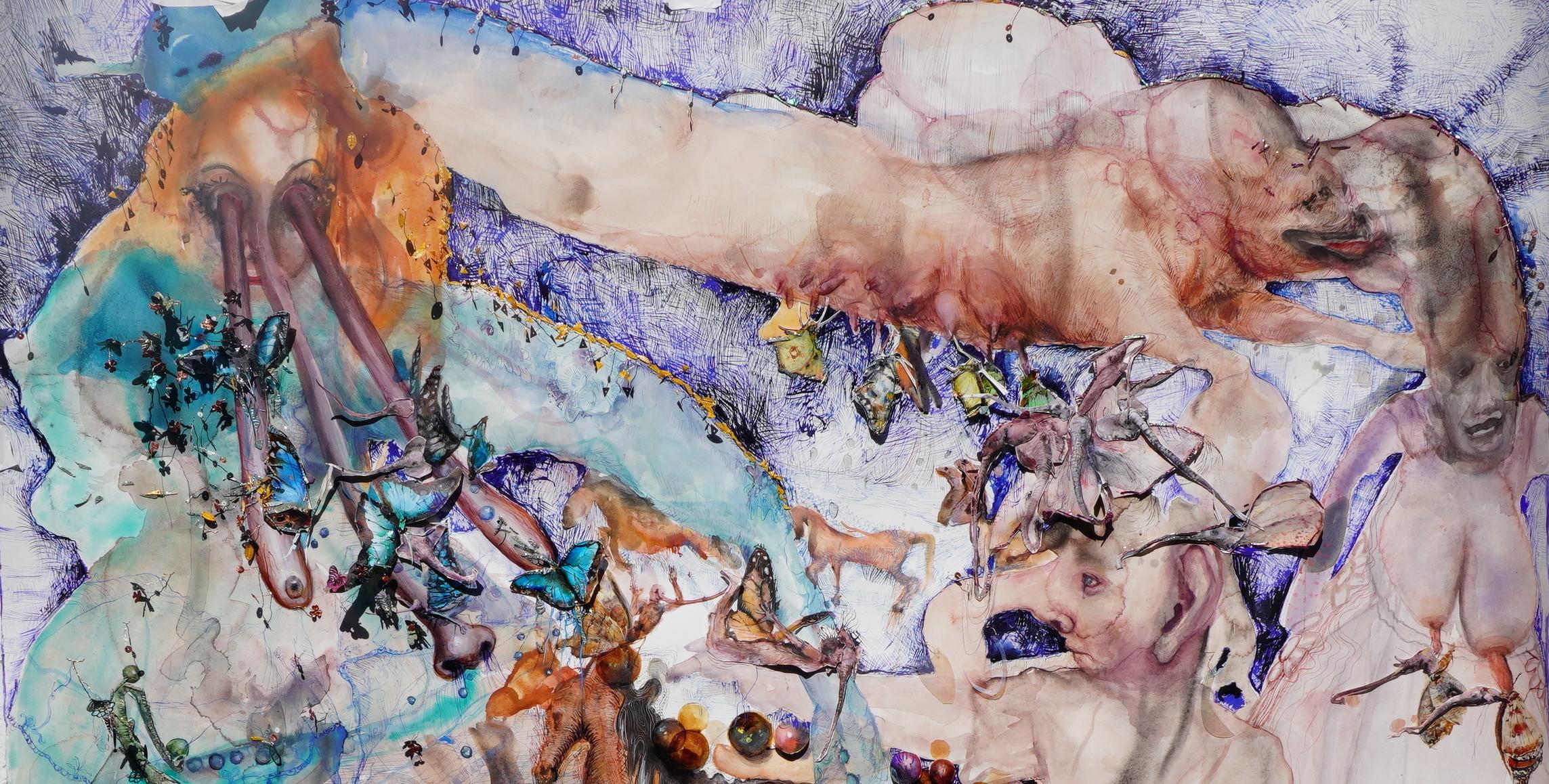 Aquarell auf Papier mit Mischtechniken: ) „Fertile Crescents“ (lange Hunde) (Grau), Animal Art, von Shiri Mordechay