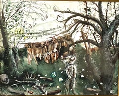 Framed Watercolor: "Untitled" (dogs hanging laundry)