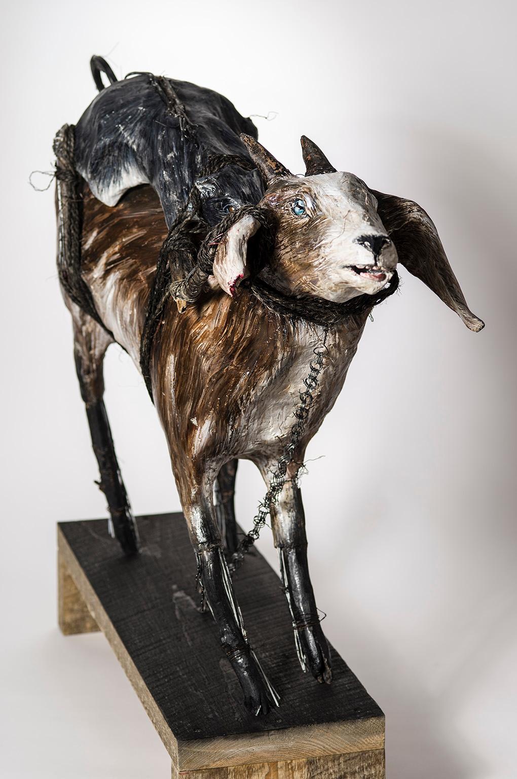 Goat with Cat riding on its back, earth tone sculpture: 'Soul to Soul' - Sculpture by Elizabeth Jordan