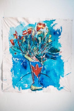 Grande peinture sur toile brute d'un bouquet de fleurs : « America Blue » (bleu américain)