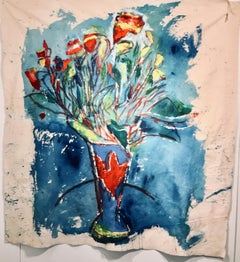 Grande peinture sur toile brute d'un bouquet de fleurs : « America Blue » (bleu américain)