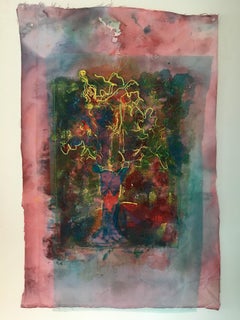 Painting of flowers on fabric with sewn flower overlay on tulle: 'Blue Mist'