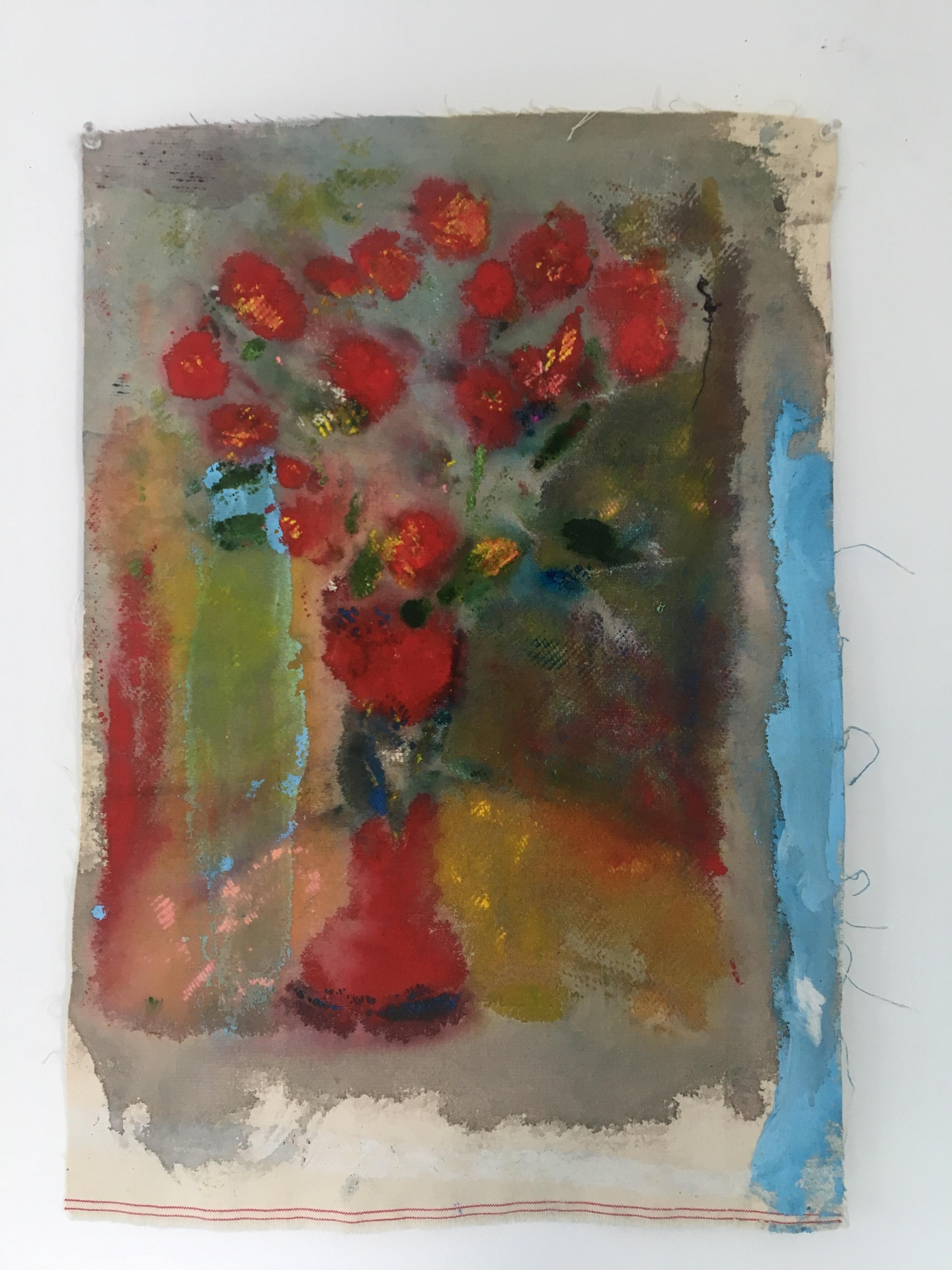 Peinture d'un bouquet de fleurs sur toile : « Pom Poms rouges » - Painting de Joel Handorff