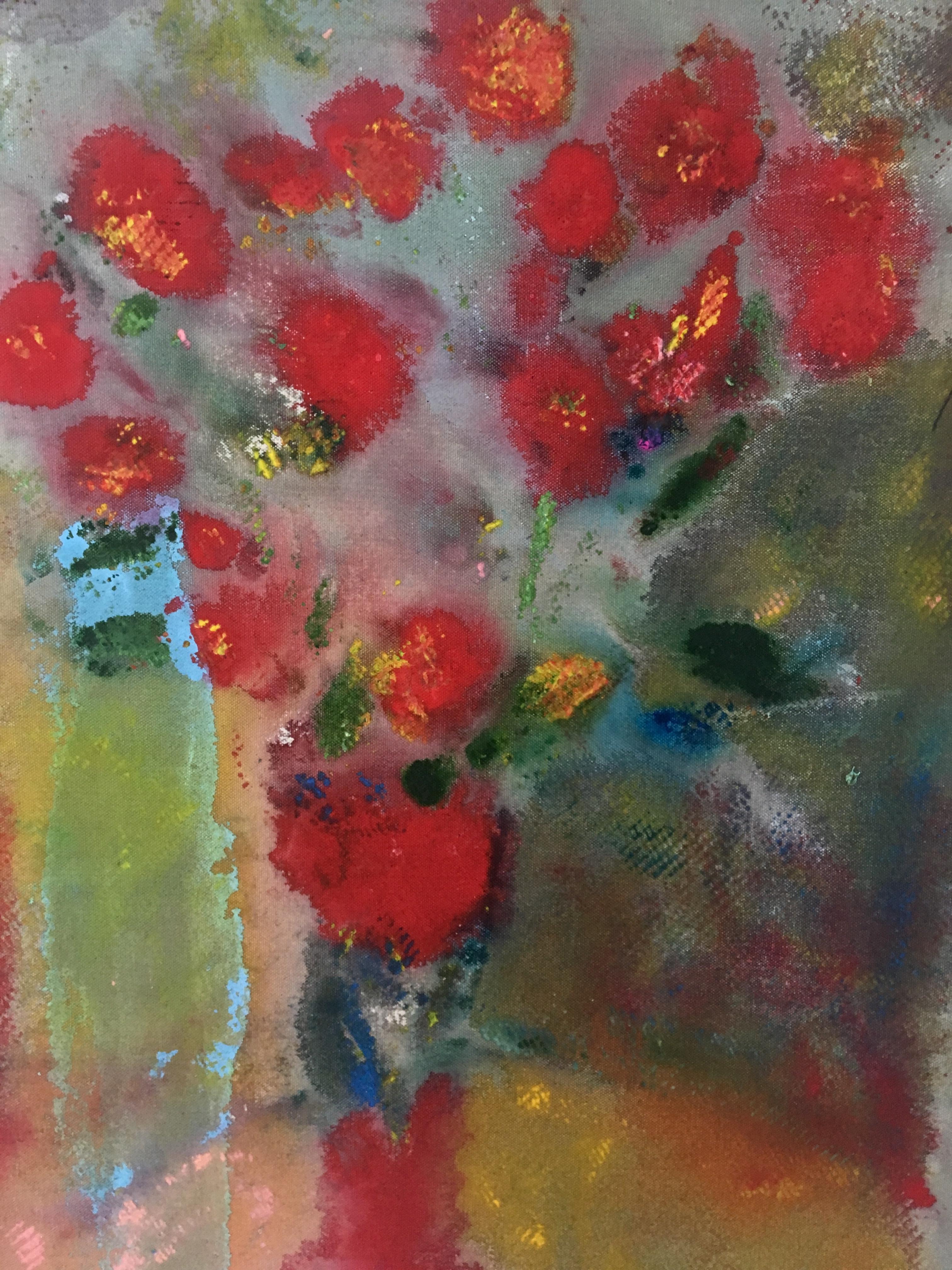 Still-Life Painting Joel Handorff - Peinture d'un bouquet de fleurs sur toile : « Pom Poms rouges »