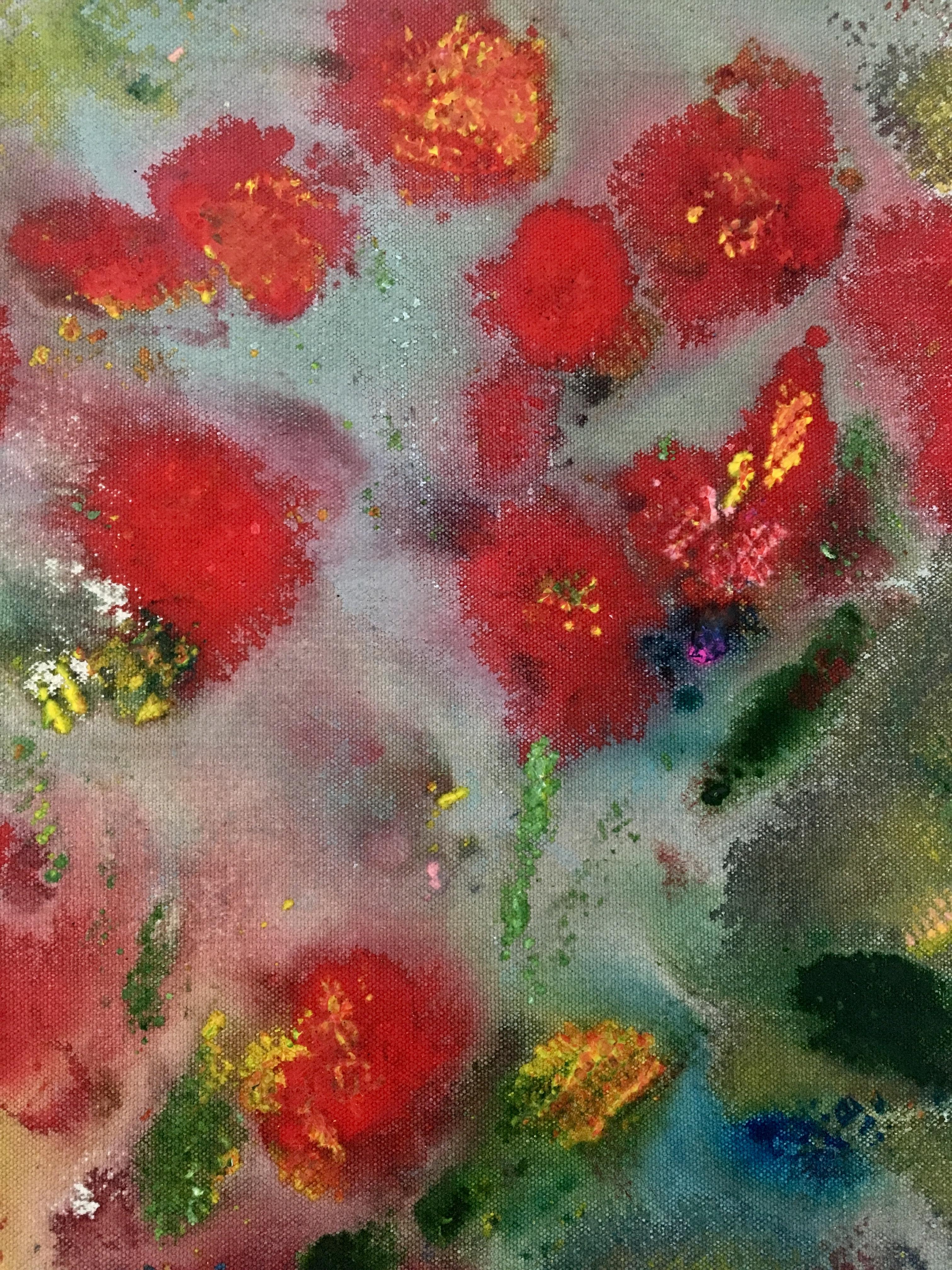 Peinture d'un bouquet de fleurs sur toile : « Pom Poms rouges » en vente 1