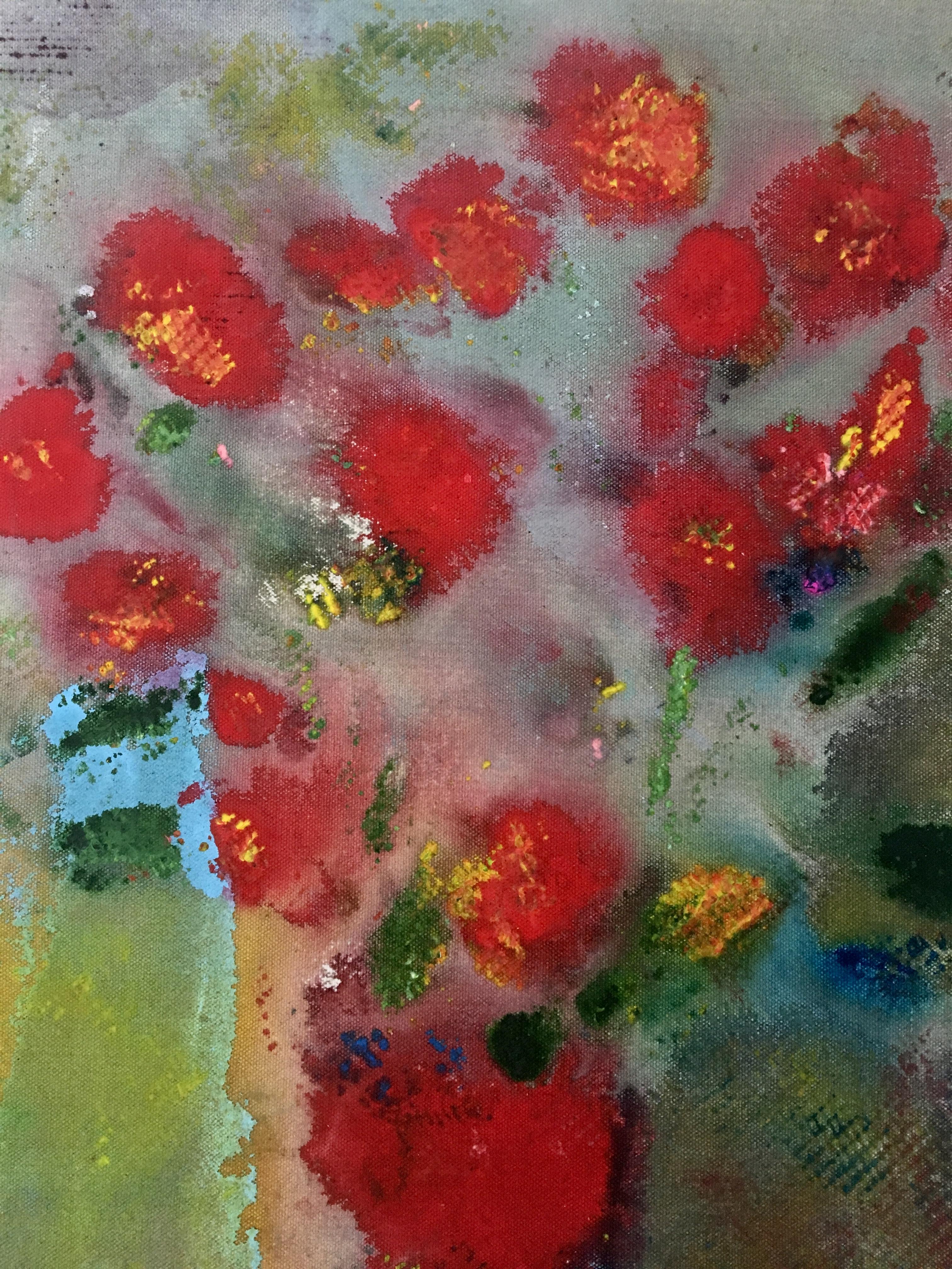 Peinture d'un bouquet de fleurs sur toile : « Pom Poms rouges » - Marron Still-Life Painting par Joel Handorff