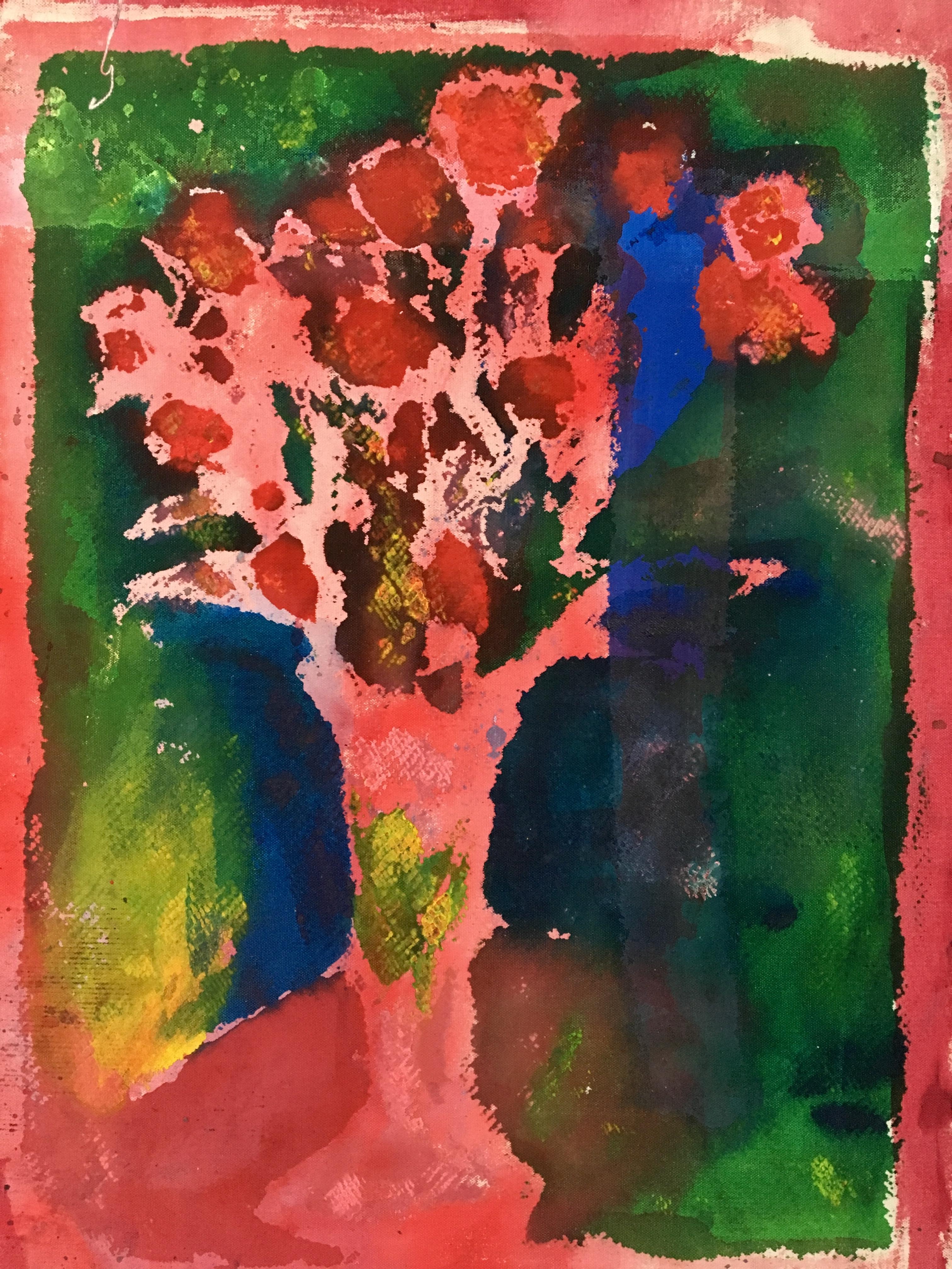 Painting of flowers on canvas: 'Green Backyard' - Mixed Media Art by Joel Handorff