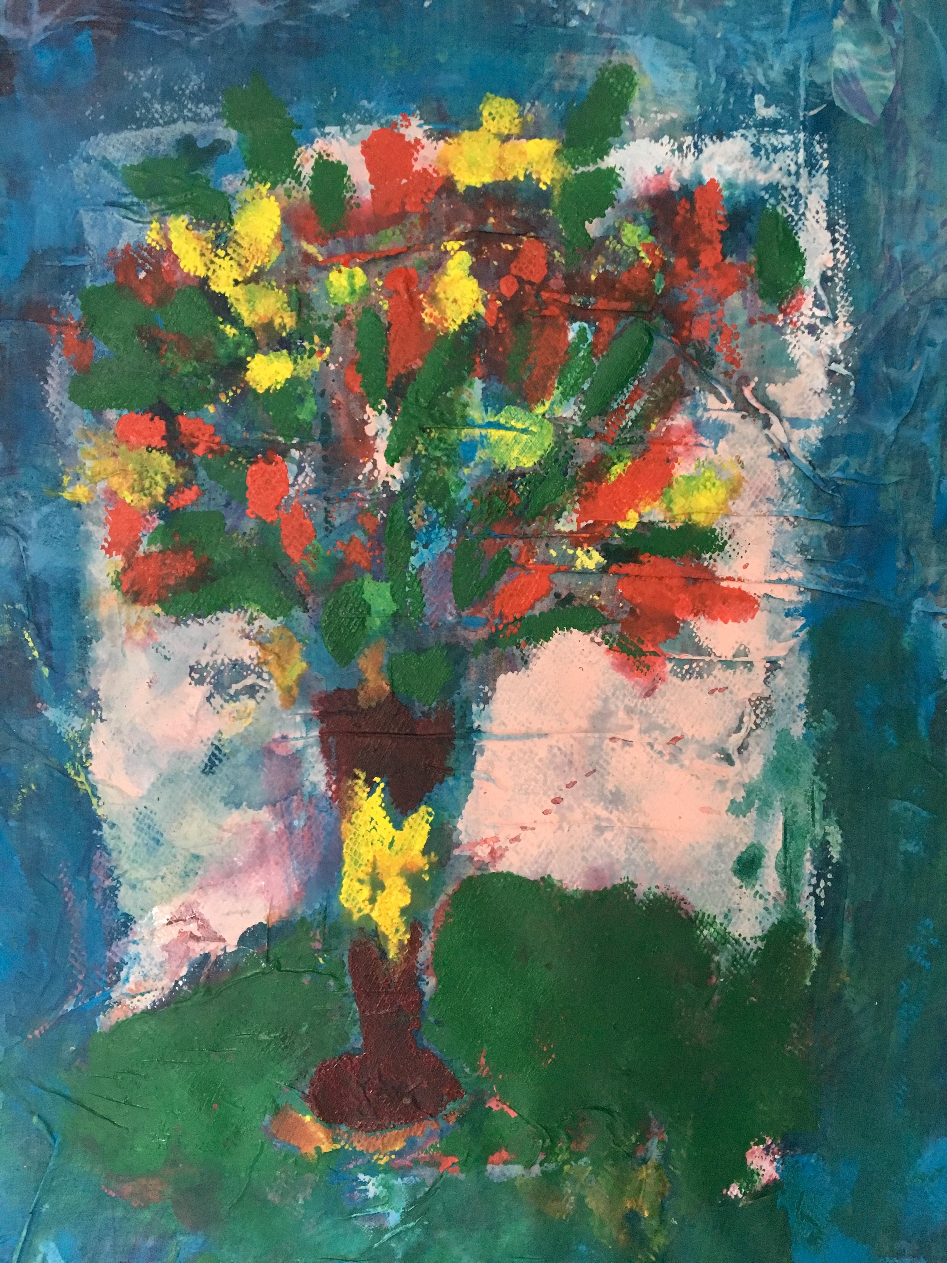 Still-Life Painting Joel Handorff - Peinture d'un bouquet de fleurs sur tissu : "Océan bleu"