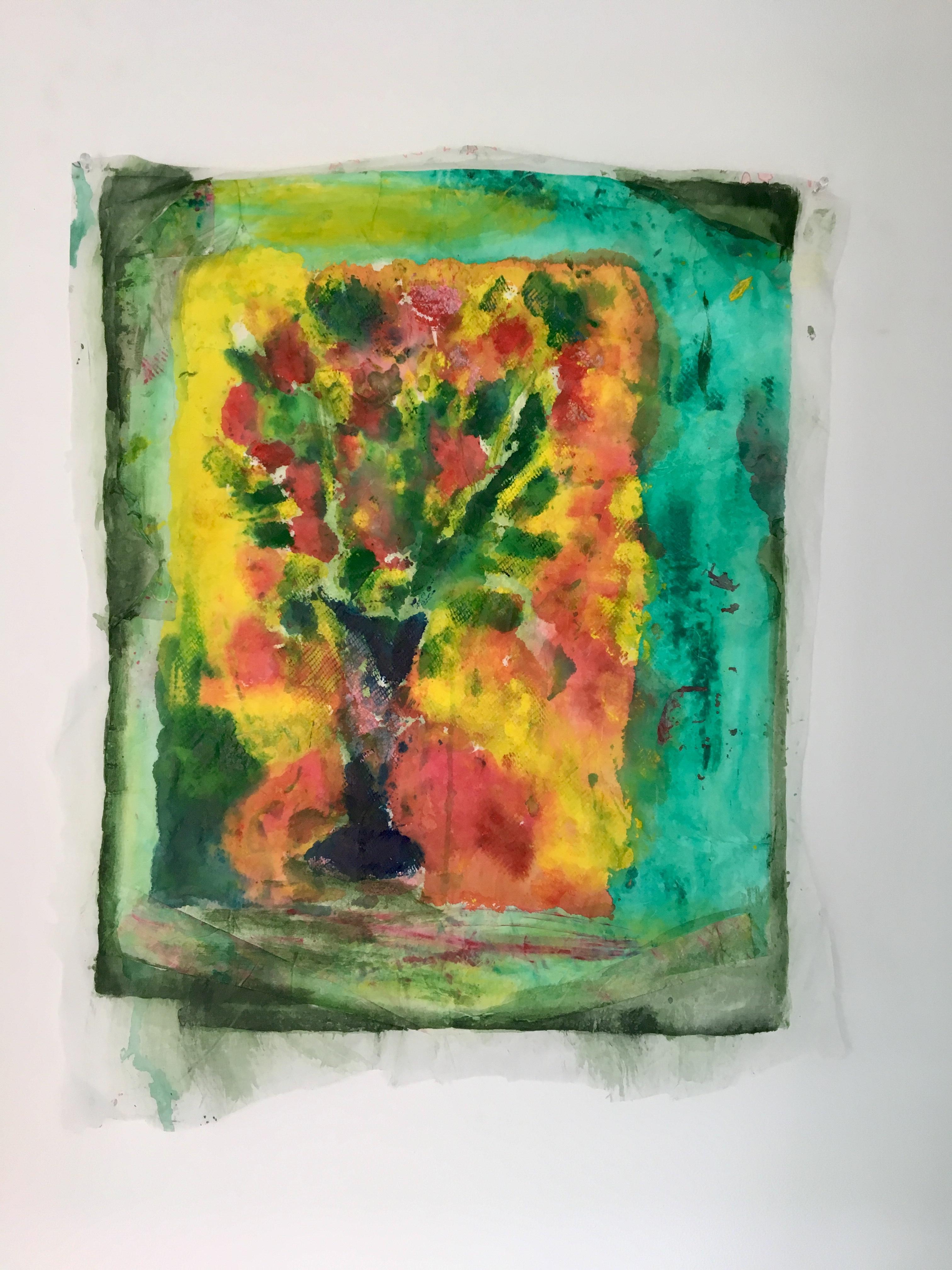 Gemälde eines Blumenstraußes auf Reispapierschichten: „Gelber Hinterhof“  (Zeitgenössisch), Mixed Media Art, von Joel Handorff