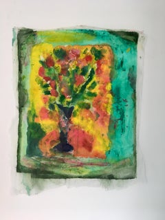 Painting of bouquet of flowers on layers of rice paper: 'Yellow Backyard'