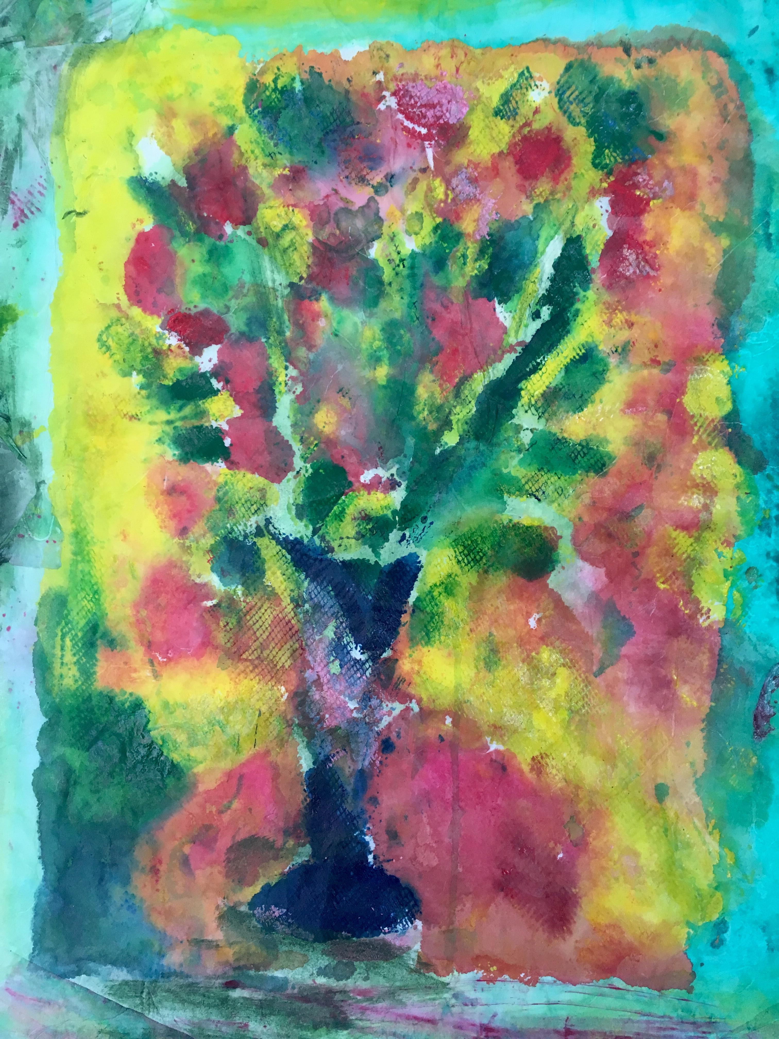 Painting of bouquet of flowers on layers of rice paper: 'Yellow Backyard' 