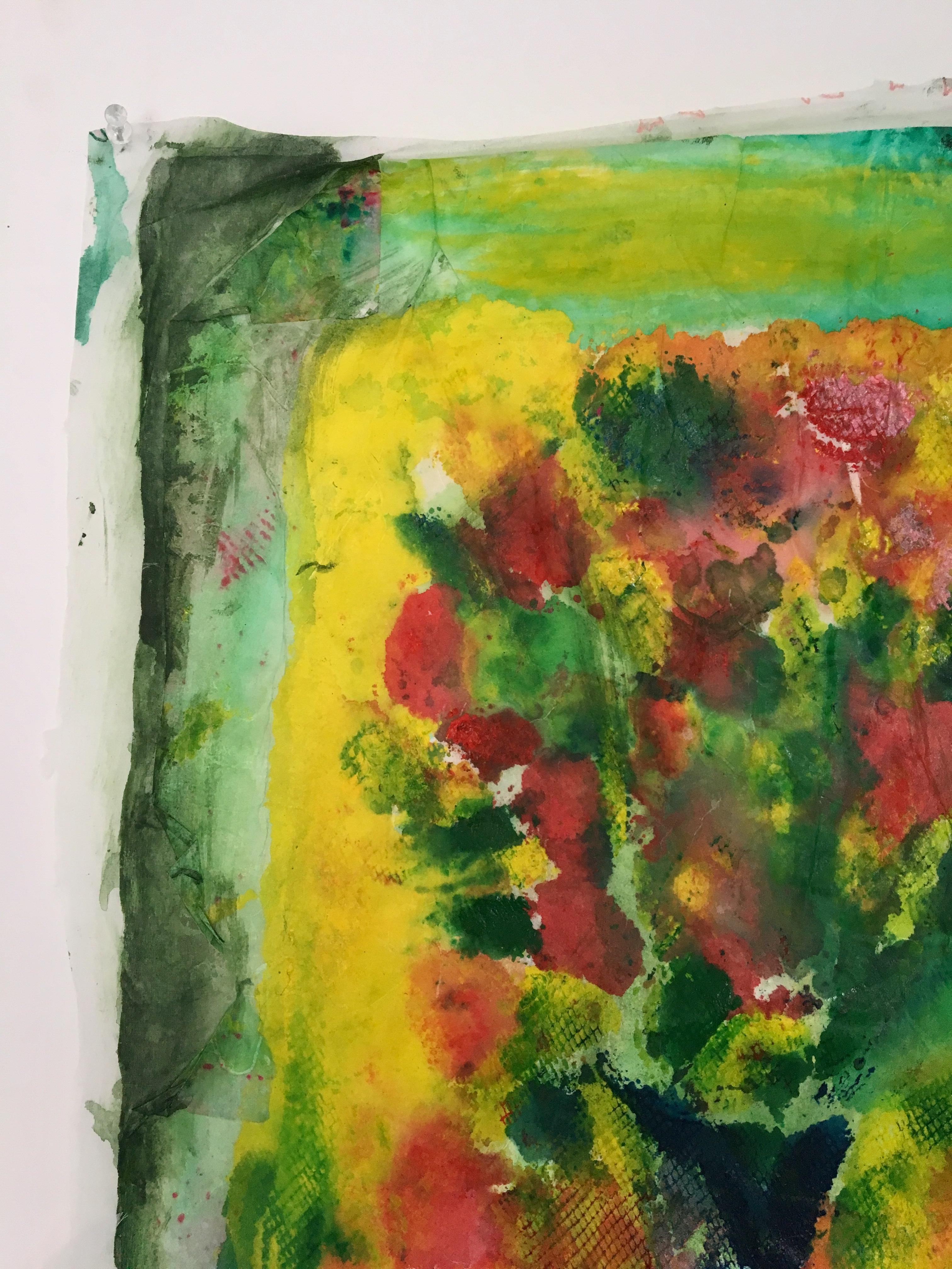 Painting of bouquet of flowers on layers of rice paper: 'Yellow Backyard'  For Sale 5