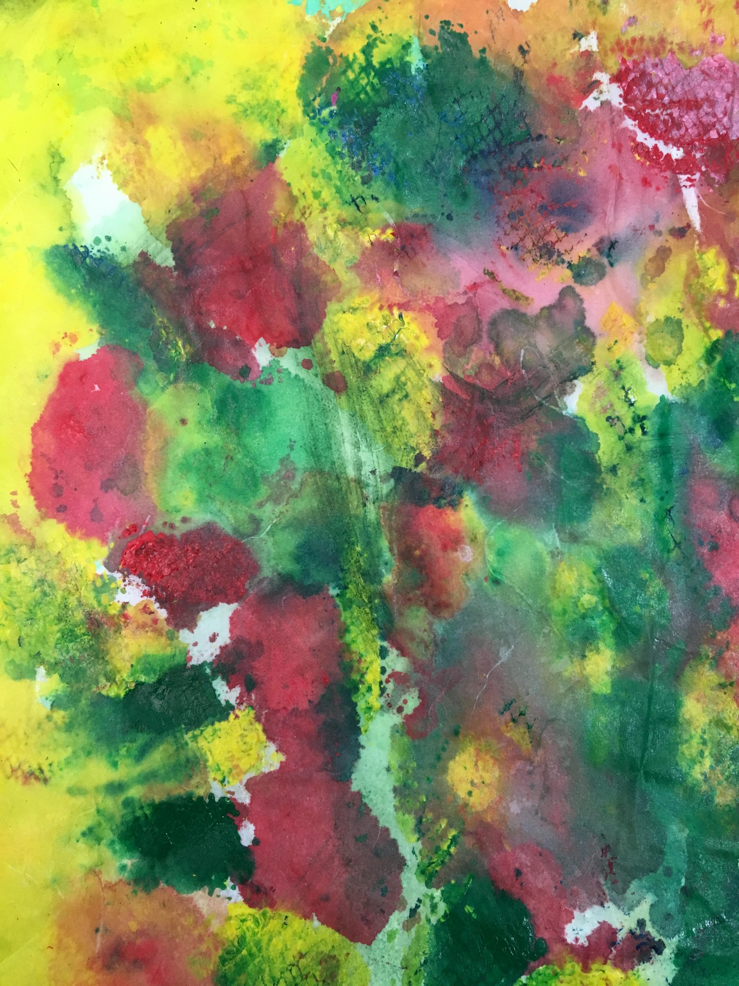Gemälde eines Blumenstraußes auf Reispapierschichten: „Gelber Hinterhof“  im Angebot 5
