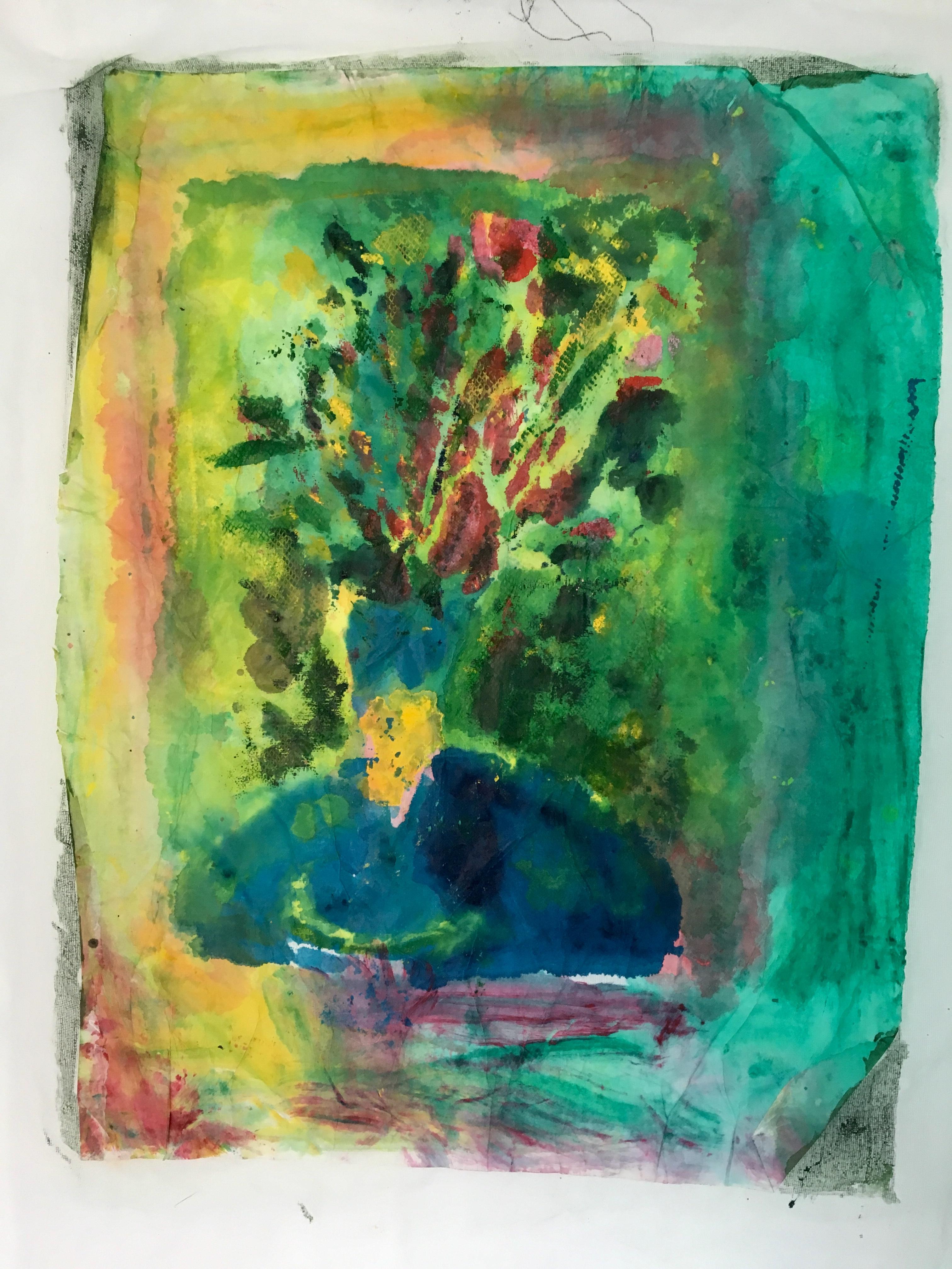 Gemälde eines Blumenstraußes auf Stoff und Reispapier: „Blauer Tisch“ – Painting von Joel Handorff