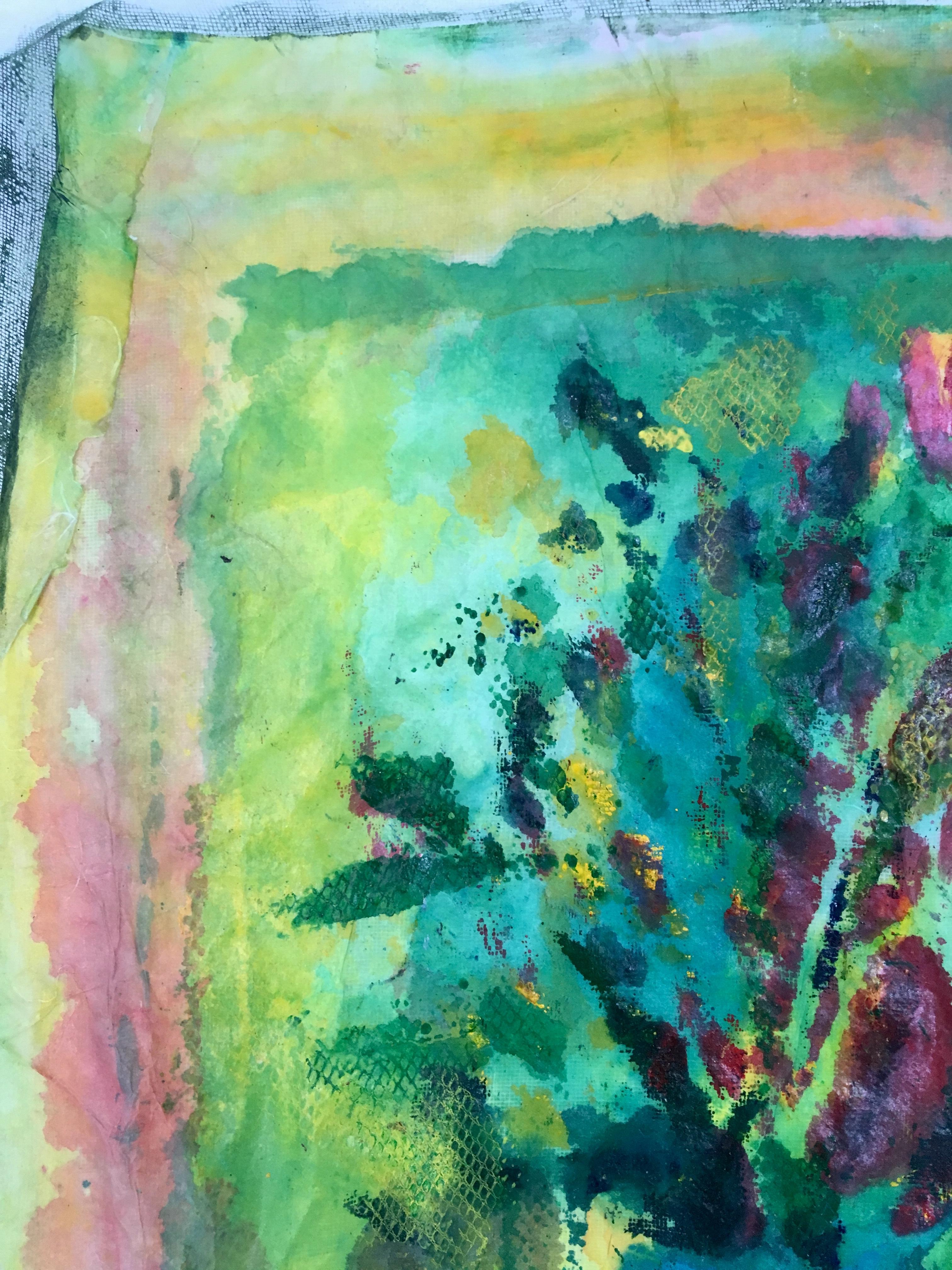 Gemälde eines Blumenstraußes auf Stoff und Reispapier: „Blauer Tisch“ im Angebot 6