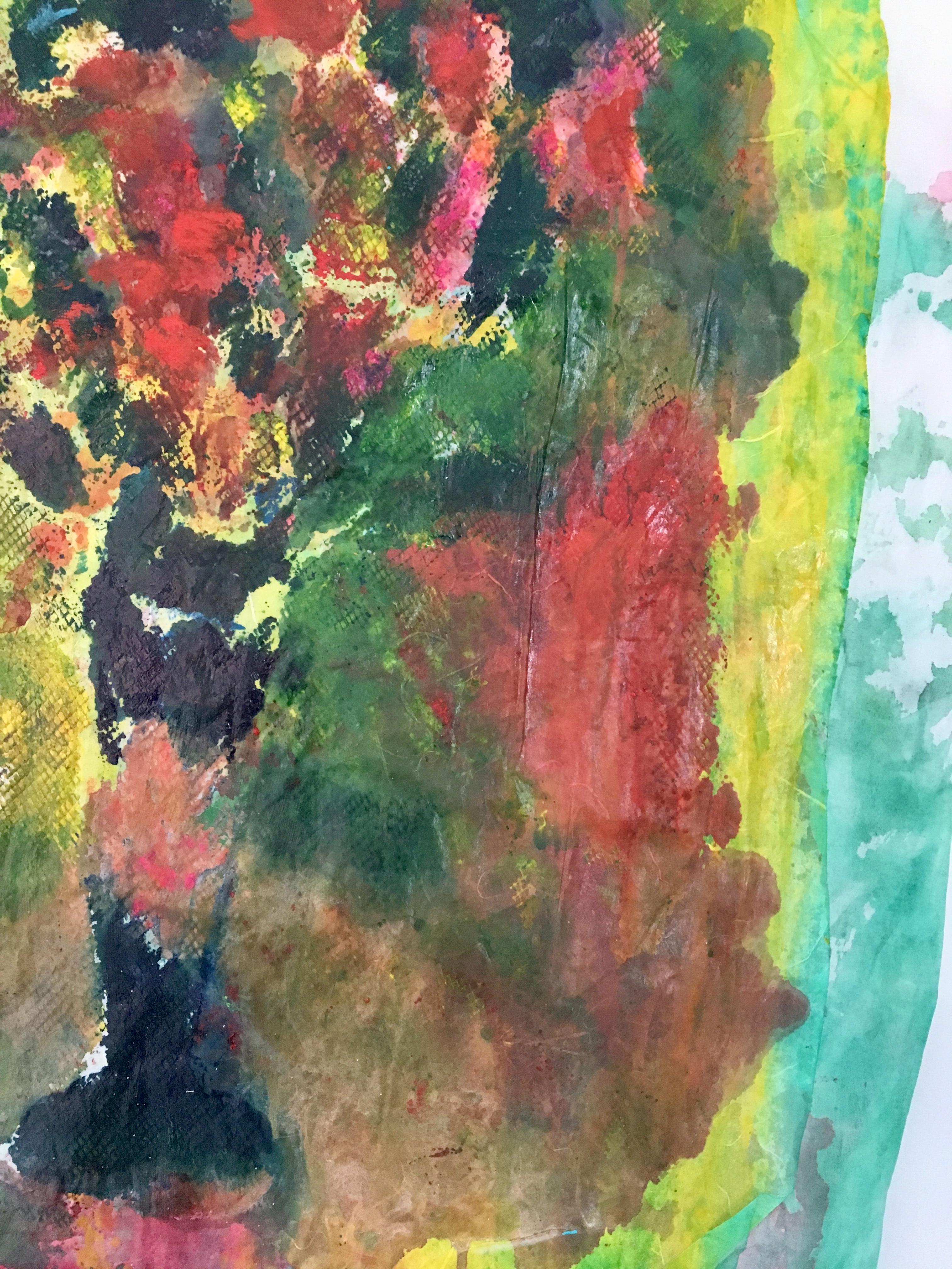 Gemälde eines Blumenstraußes auf Stoff und Reispapier: „Dream Bouquet II“ (Beige), Still-Life Painting, von Joel Handorff