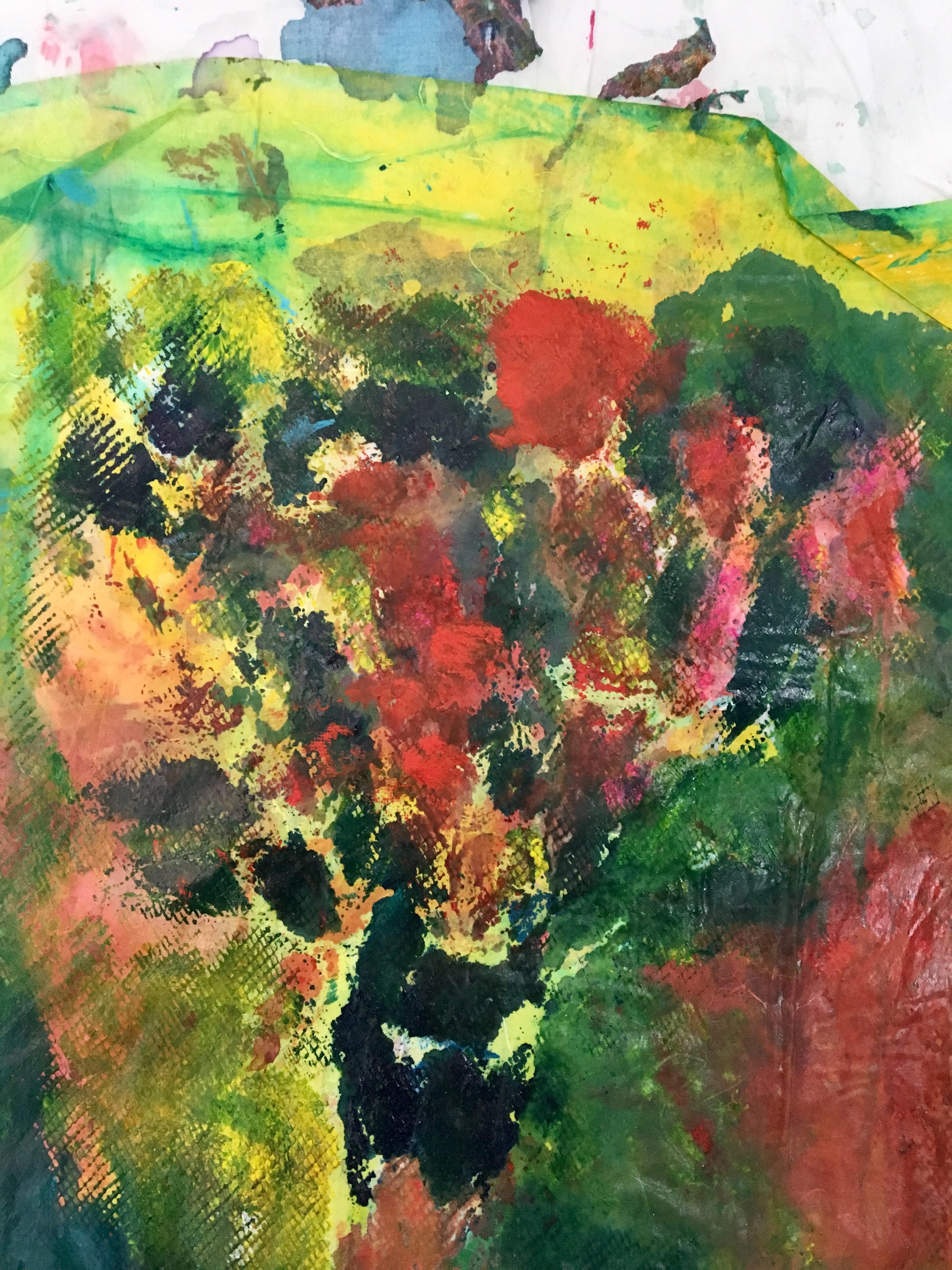 Pintura de ramo de flores sobre tela y papel de arroz: 