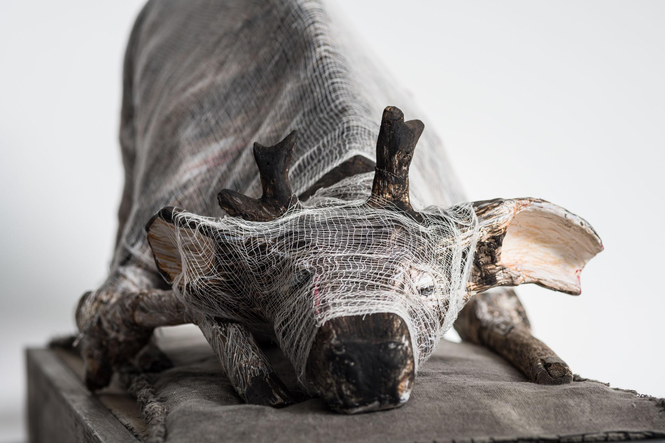 Animal in play position, sculpture: 'Prepare Thyself to Follow Me' - Contemporary Mixed Media Art by Elizabeth Jordan