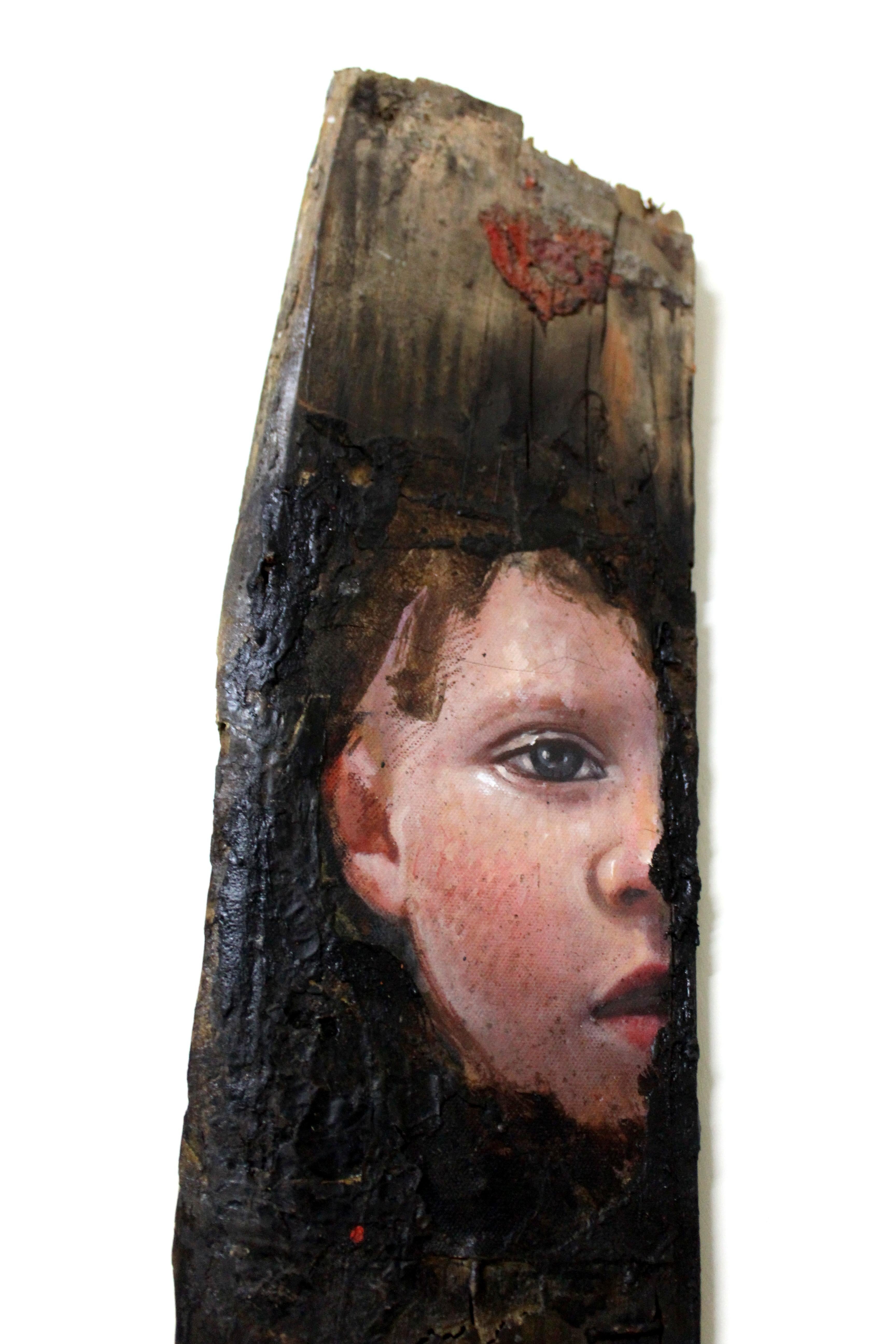 Portrait of young boy on driftwood: 'Sydney (Body and Soul)' - Painting by Francesco Minuti