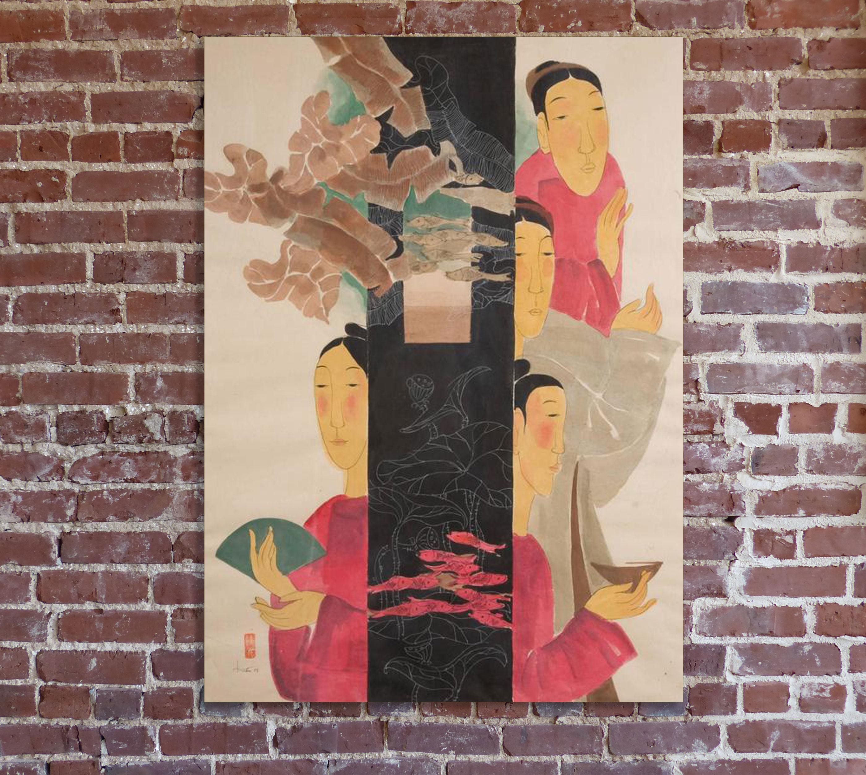 Segen von Vu Thu Hien:: vertikales figuratives Aquarell auf Reispapierstück 4
