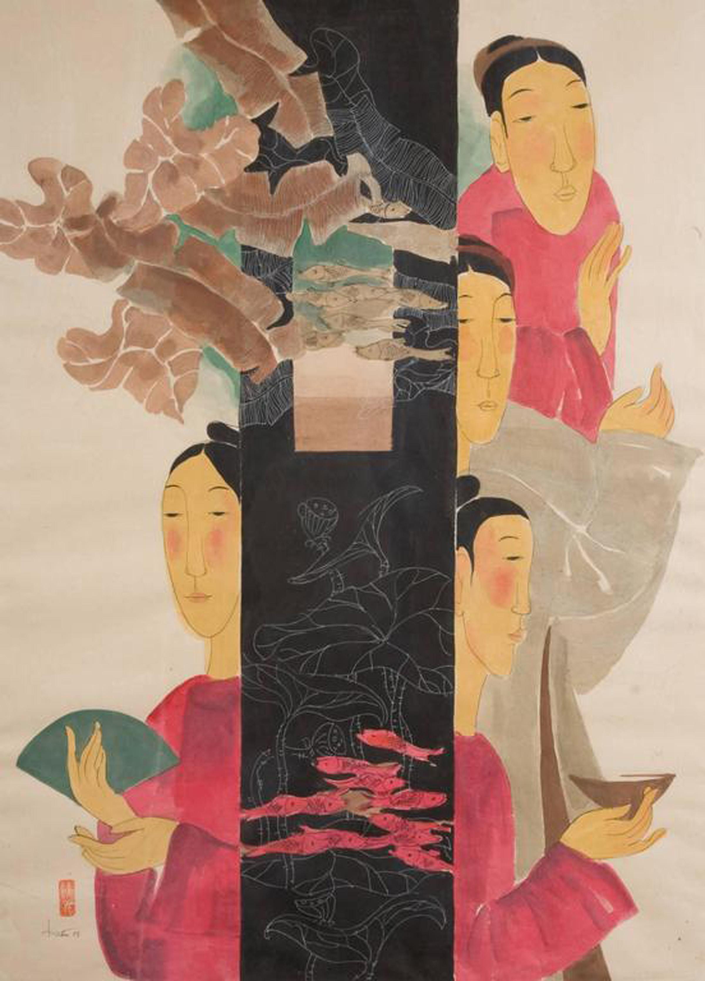 ‘Blessings’ is a large framed watercolor on rice paper figurative piece created by Vietnamese artist Vu Thu Hien in 2008. Featuring an exquisite palette made of red, beige, gold and black tones, the painting depicts four women, dressed in ceremonial