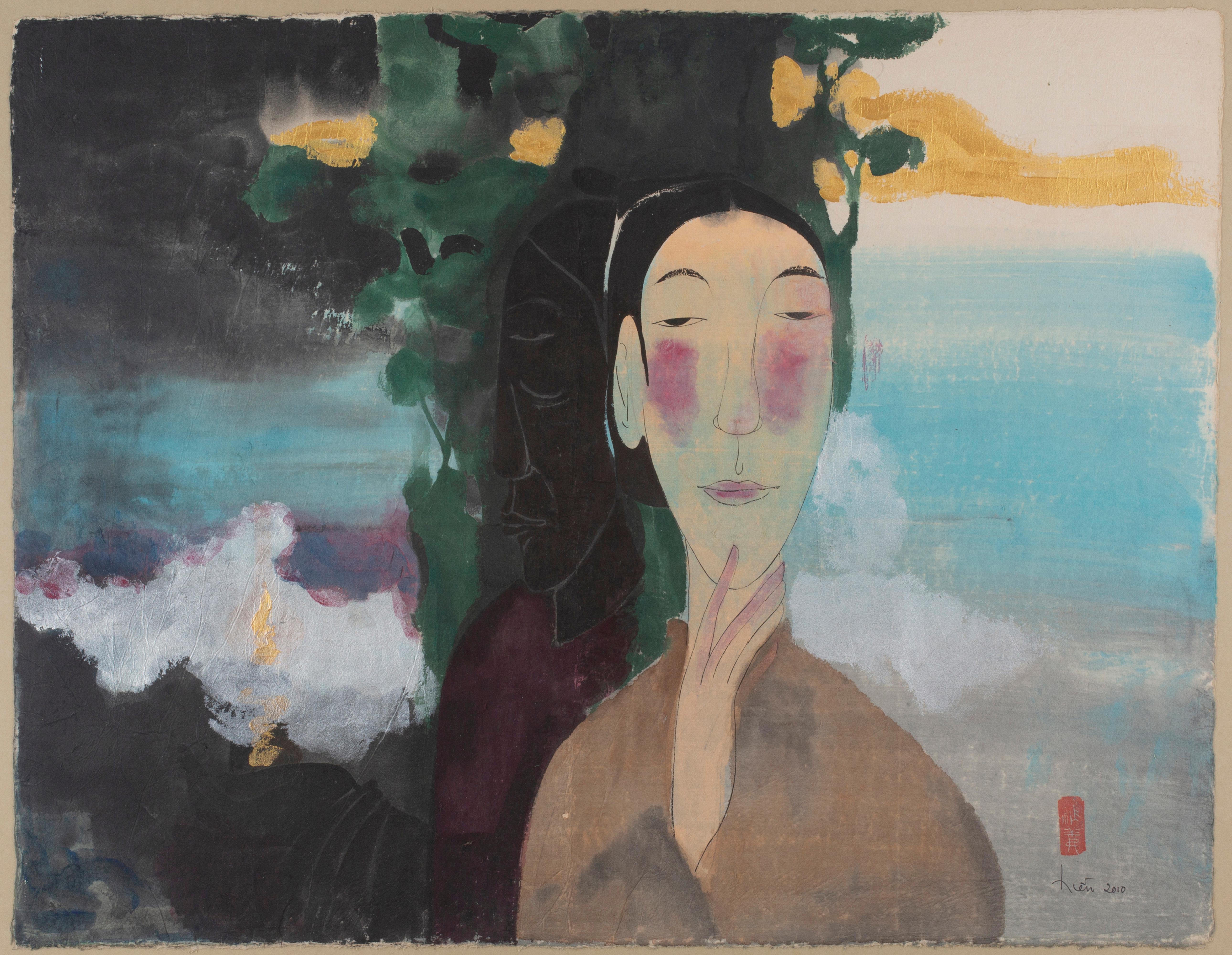 Vu Thu Hien Figurative Art – „Spiritual Echo“ Konzeptionelles Porträtgemälde, Aquarell, Pastellfarben