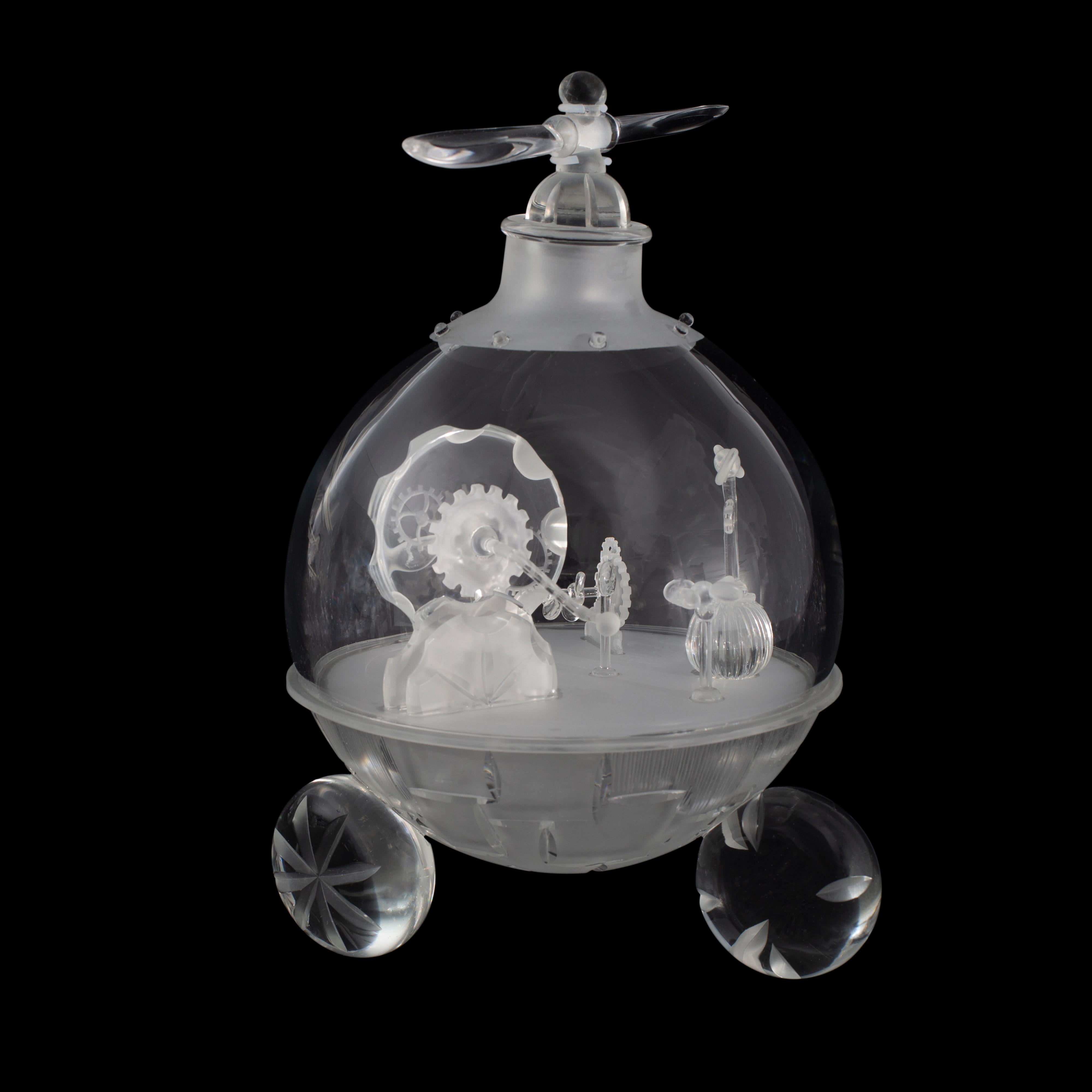 Kazumi Ohno Figurative Sculpture - 'Propeller Robo' Hand Blown, Carved and Etched Glass Sculpture