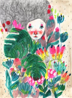 Transparence en fleurs - œuvre d'art figurative fantaisiste et fantastique sur papier