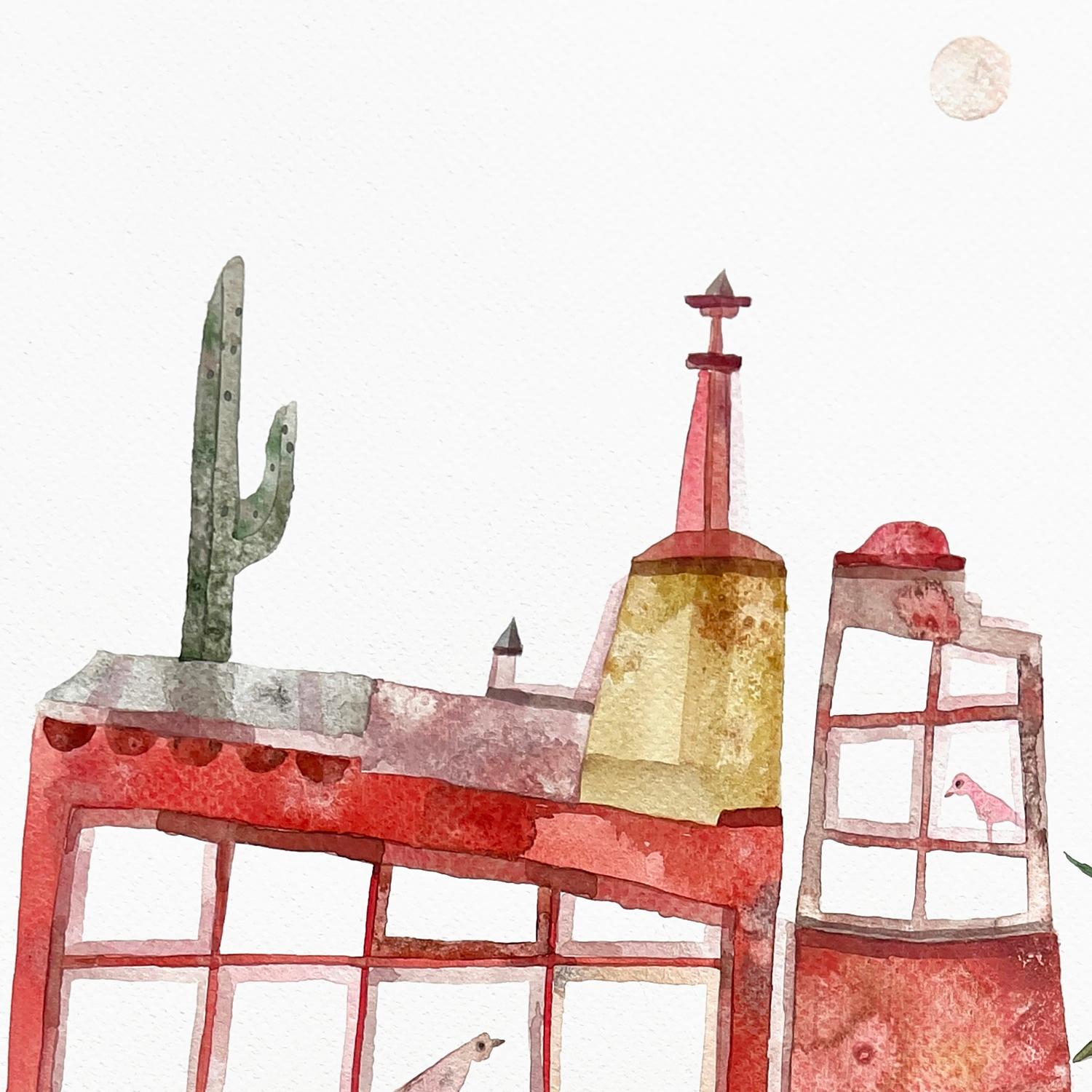 Frida Khalos Haus – Aquarellgemälde – Art von Maria C. Bernhardsson