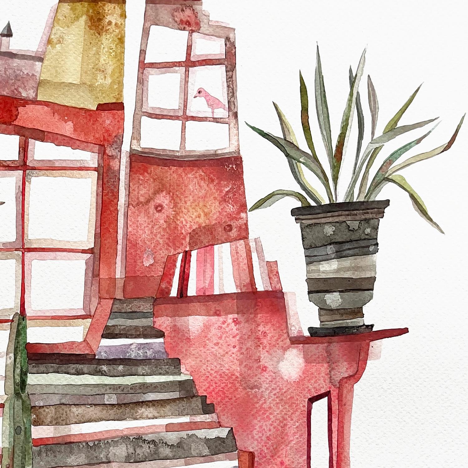 Frida Khalo's House - Watercolor Painting - Surrealist Art by Maria C. Bernhardsson