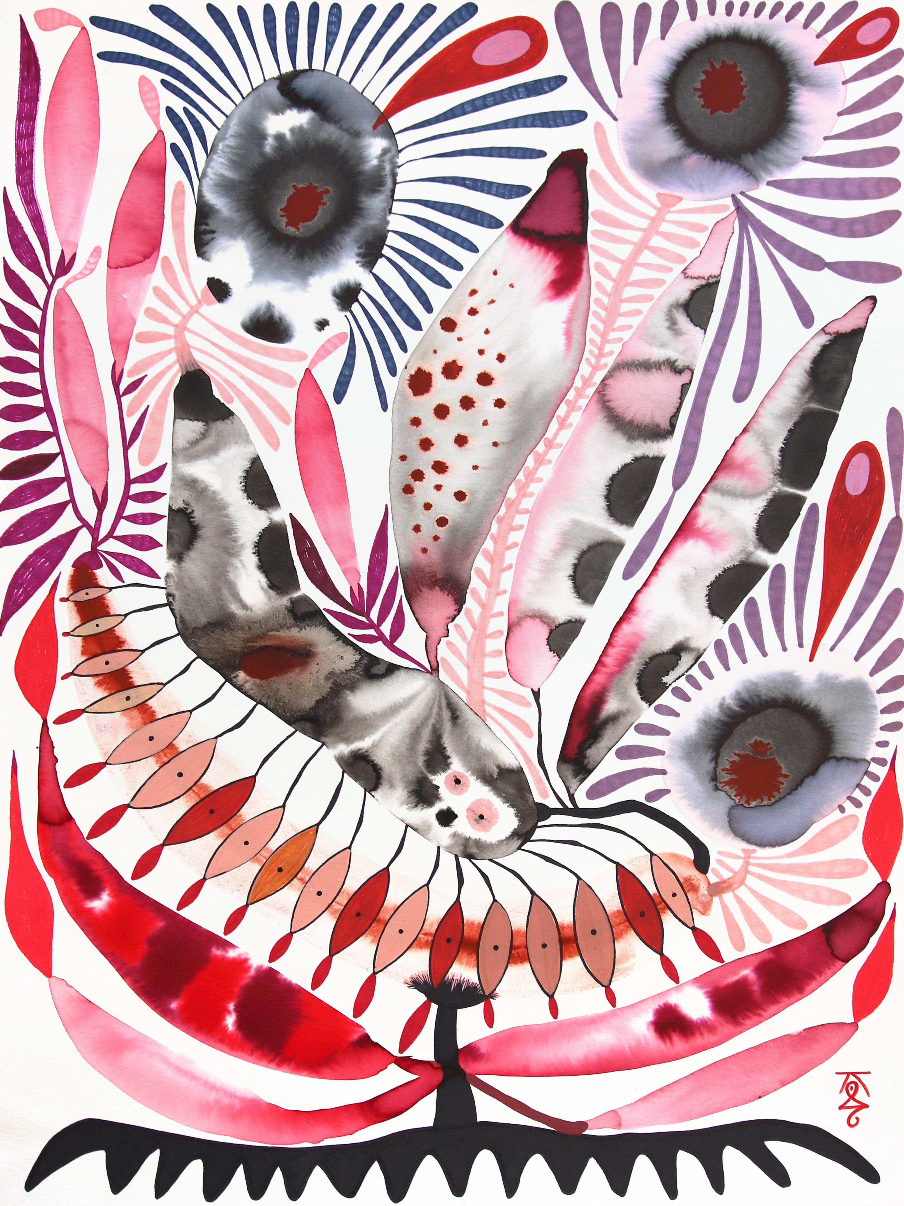 Buscador Rizoma - Obra de Arte Surrealista Abstracto Rojo sobre Papel