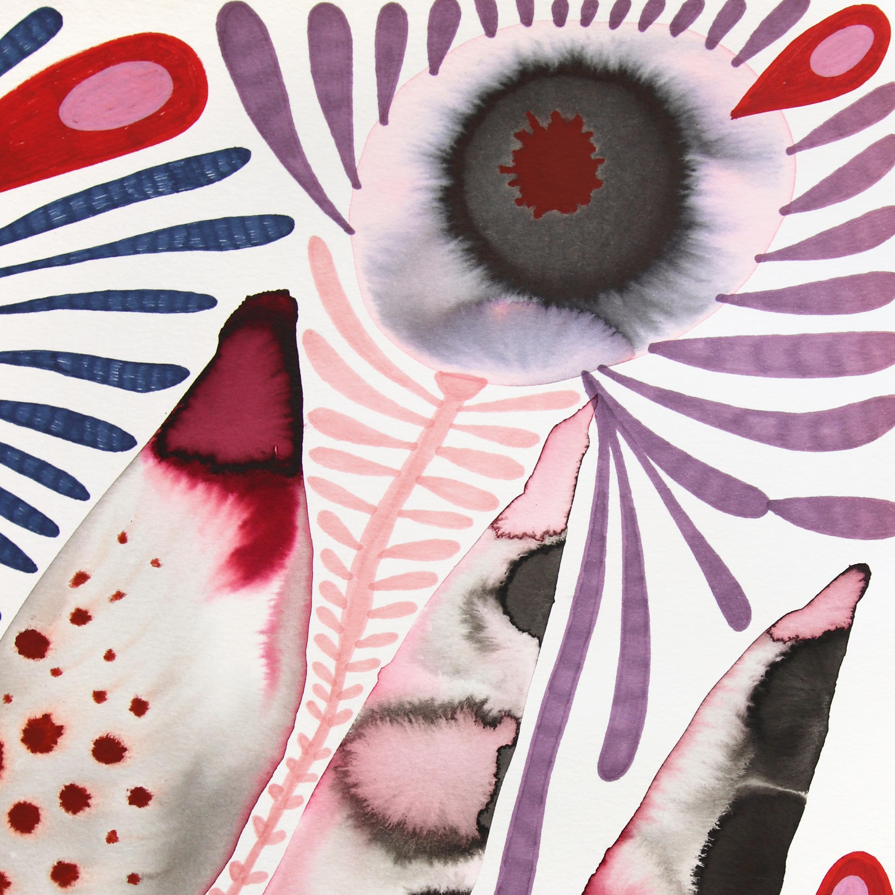 Seeker Rhizome - Surreales abstraktes rotes Kunstwerk auf Papier (Beige), Abstract Drawing, von Krisanne Souter
