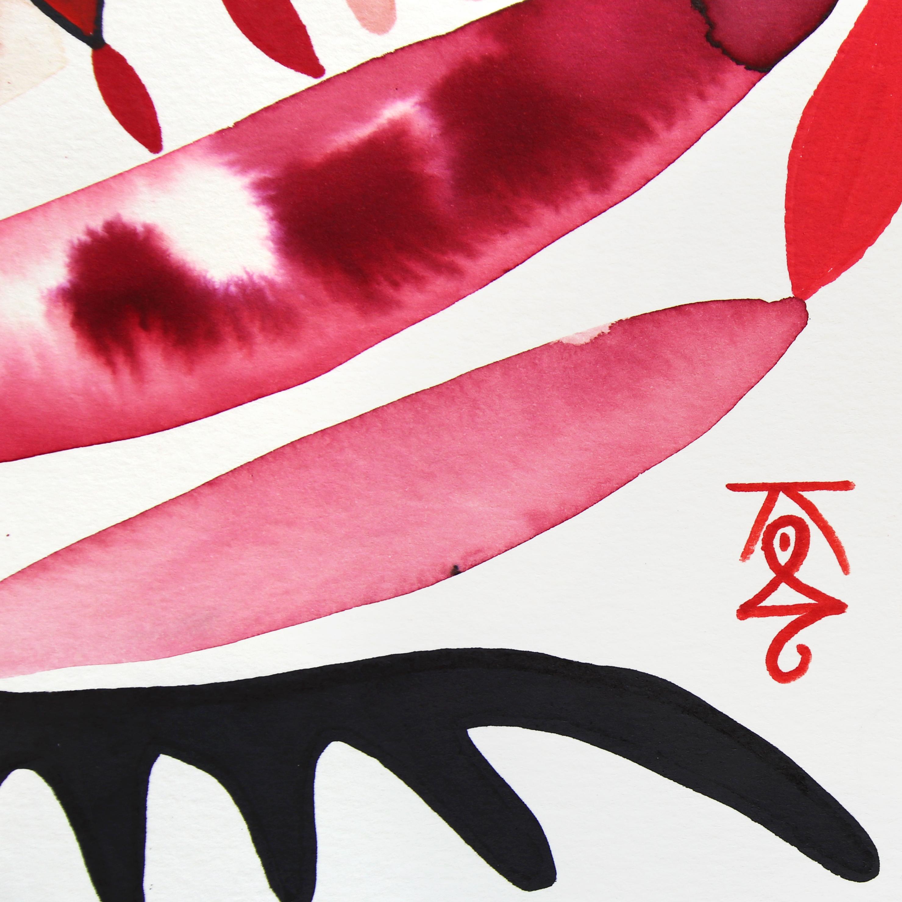 Seeker Rhizome - Surreales abstraktes rotes Kunstwerk auf Papier (Abstrakt), Art, von Krisanne Souter
